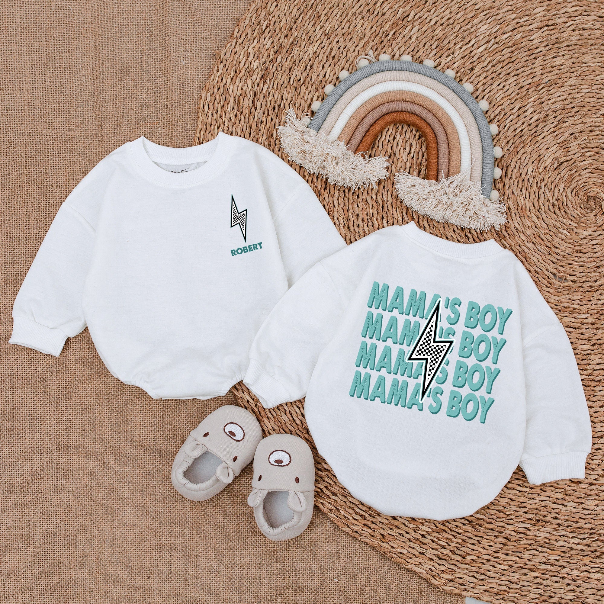 My Mama's Boy Era Romper Baby Bodysuit Lightning Bolt Design Gift Outfit Soft Cotton Birthday Comfortable Teal Modern Graphic Style