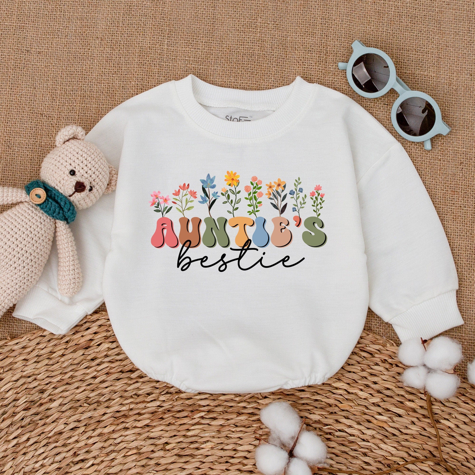 Auntie's Bestie Baby Romper Colorful Floral Design Newborn Gift Soft Cotton Outfit Perfect for Aunt Niece Matching Birthday Party Wear