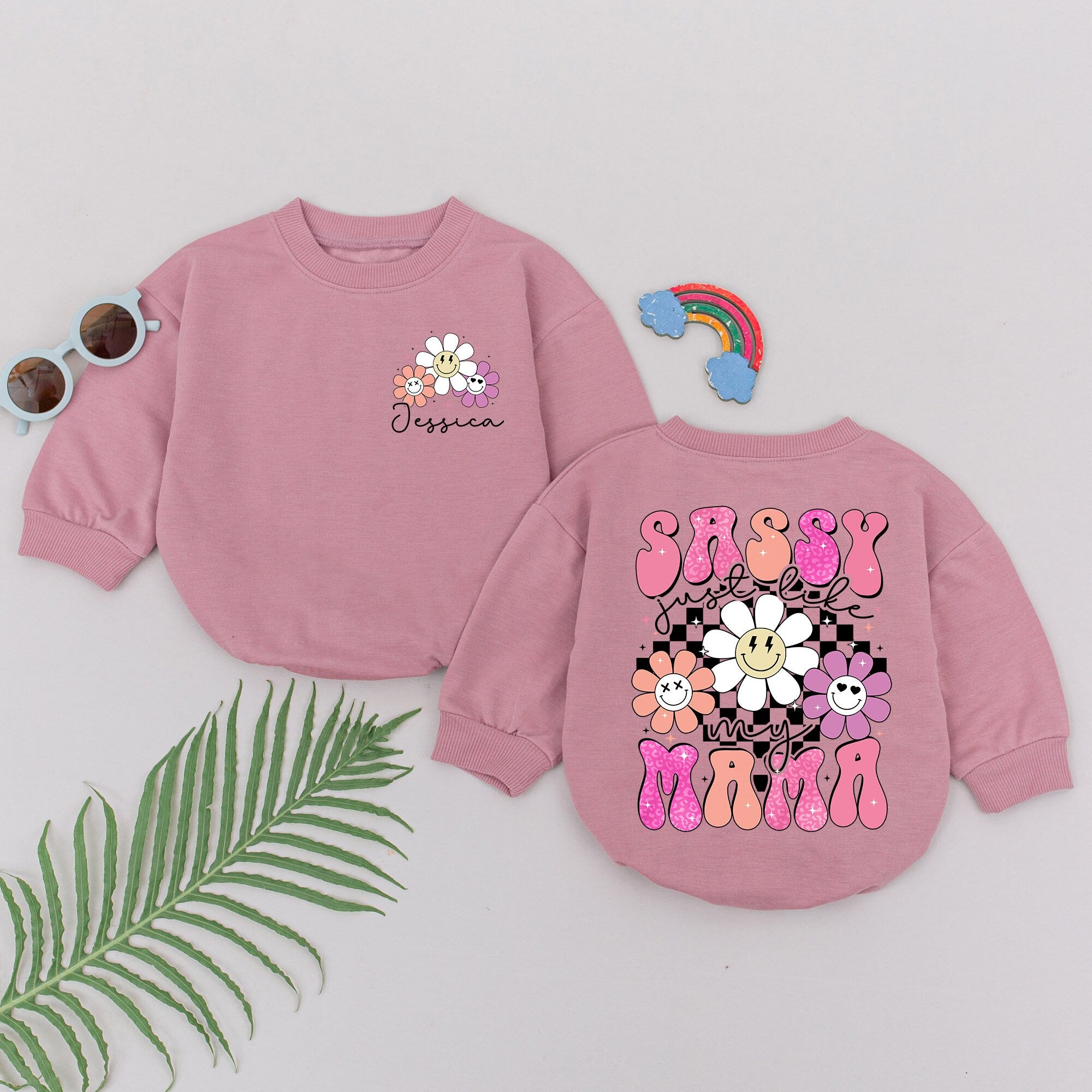 Sassy Just Like My Mama Retro Romper Baby Girl Outfit 1st Mother's Day Gift Vibrant Flowers Pink Purple Nostalgic Birthday Shower Present