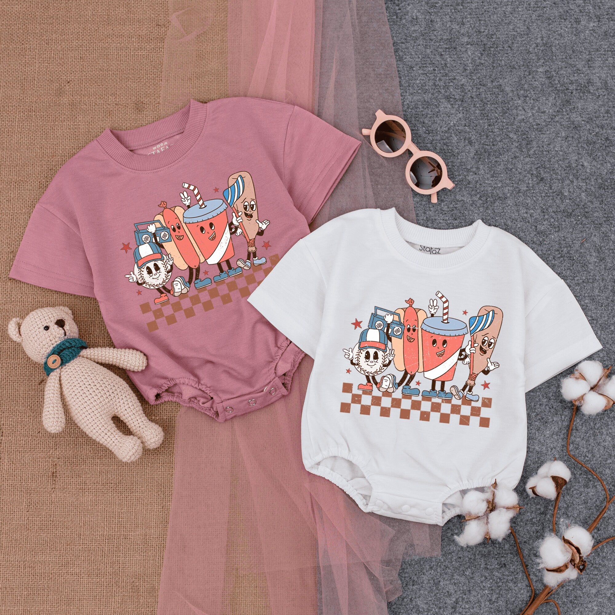 Retro Baseball Romper Baby Outfit with Vintage Cartoon Characters Soft Cotton Infant Bodysuit Playful Game Day Design for Boys and Girls