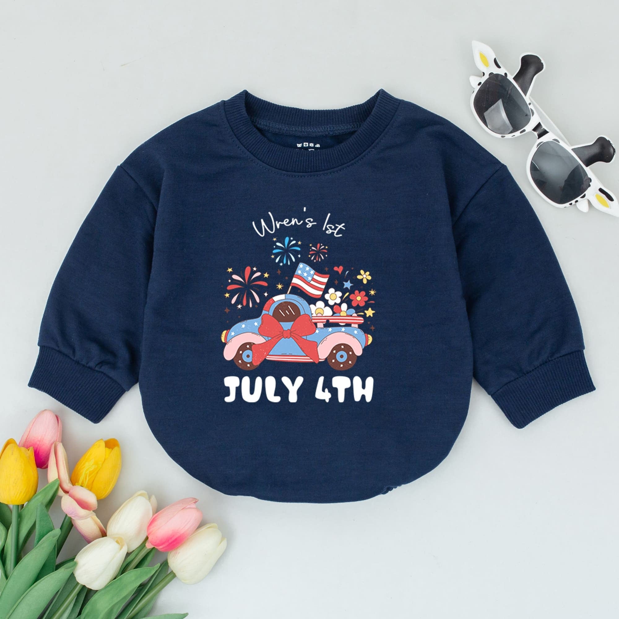 Personalized July 4th Baby Romper with Vintage Truck Fireworks Design First Independence Day Outfit Soft Cotton Patriotic Infant Clothes USA Gift