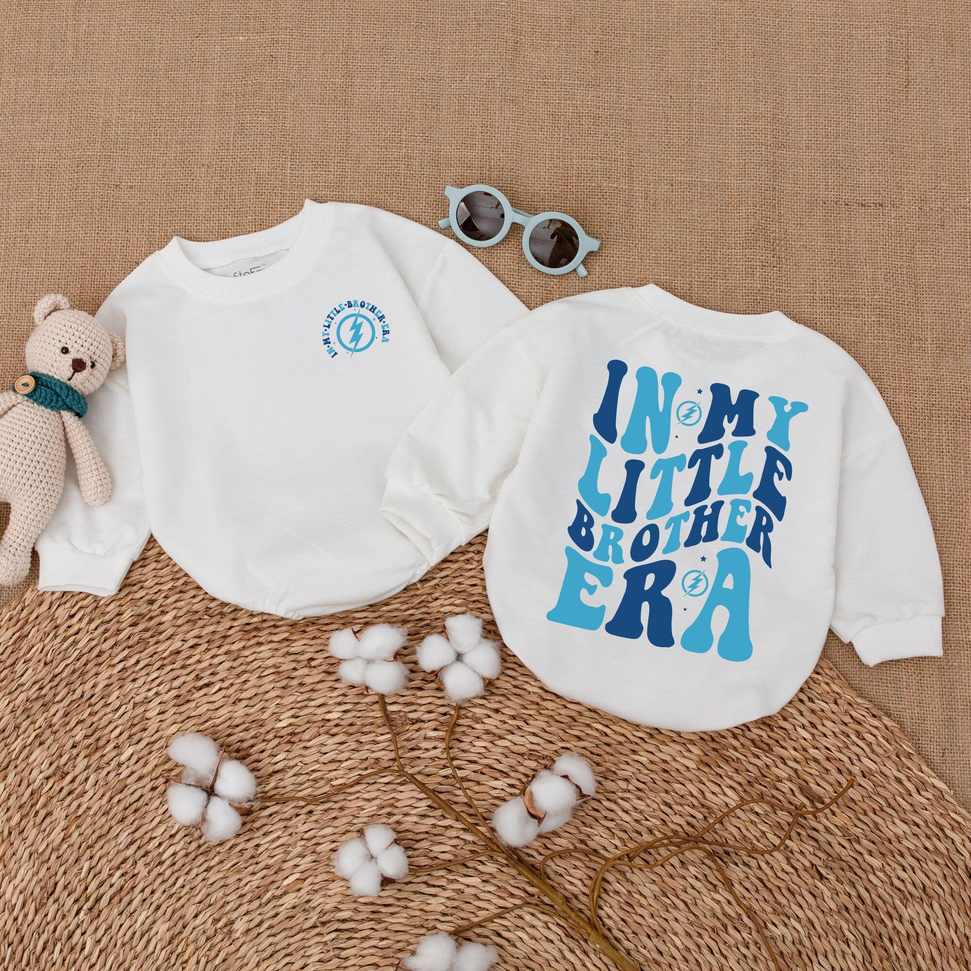 In My Little Brother Era Baby Romper Playful Typography Bodysuit Gift for Newborn Boys Whimsical Blue Stars and Circles Outfit