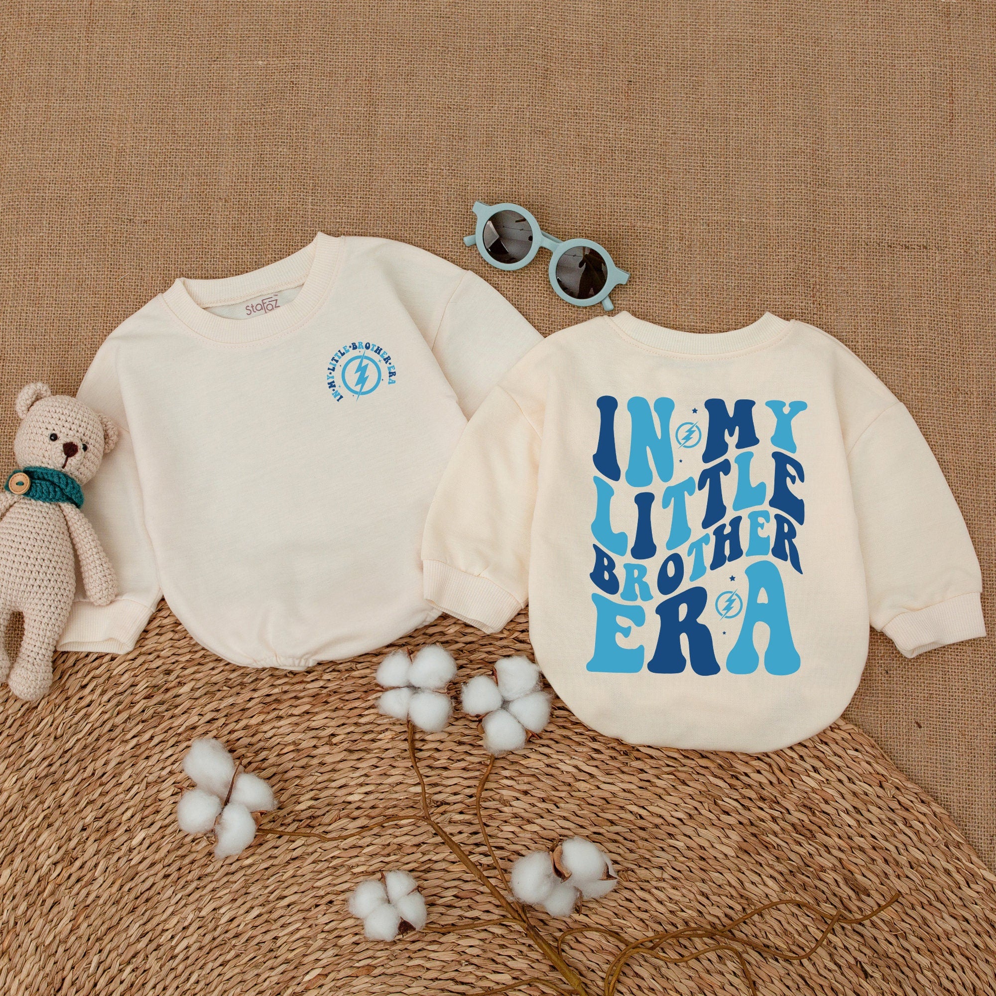 In My Little Brother Era Baby Romper Playful Typography Bodysuit Gift for Newborn Boys Whimsical Blue Stars and Circles Outfit
