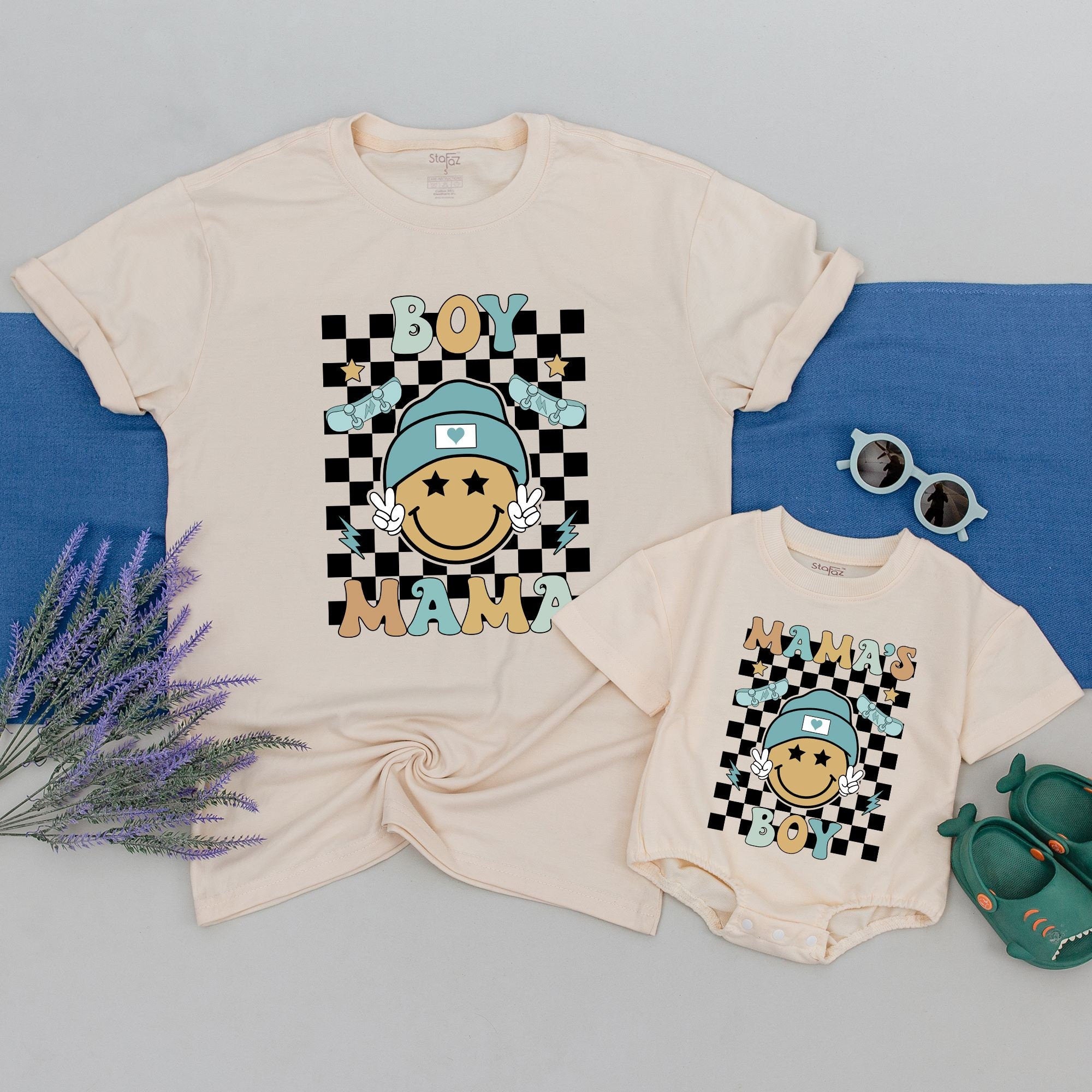 Retro Smiley Face Boy Mama Shirt Matching Family Outfit Pastel Letters Black White Checkered Cotton Gift