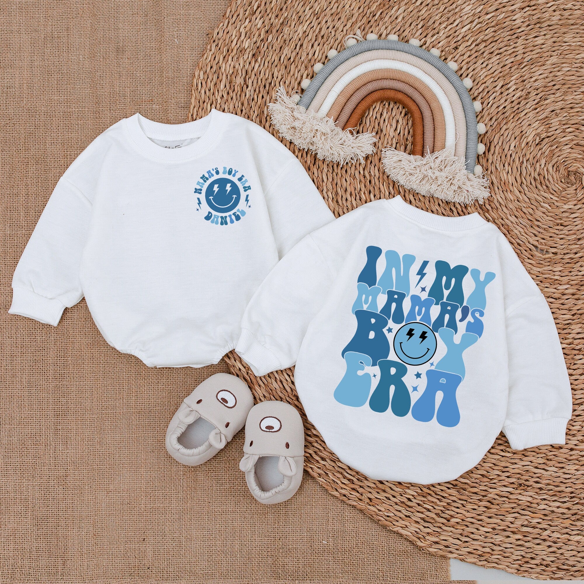 Custom Baby Boy Romper Mama's Boy Era Outfit Retro Design Gift Soft Cotton Playful Blue Smiley Face Unique Personalization Available