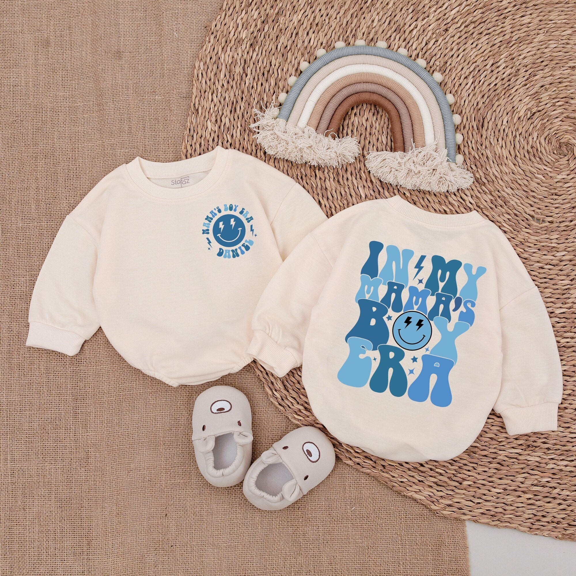 Custom Baby Boy Romper Mama's Boy Era Outfit Retro Design Gift Soft Cotton Playful Blue Smiley Face Unique Personalization Available