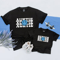 Personalized Auntie and Nephew Shirt with Retro Smiley Face Custom Names Vintage Boho Neutral Tee Gift for Aunt and Child Holiday Outfit