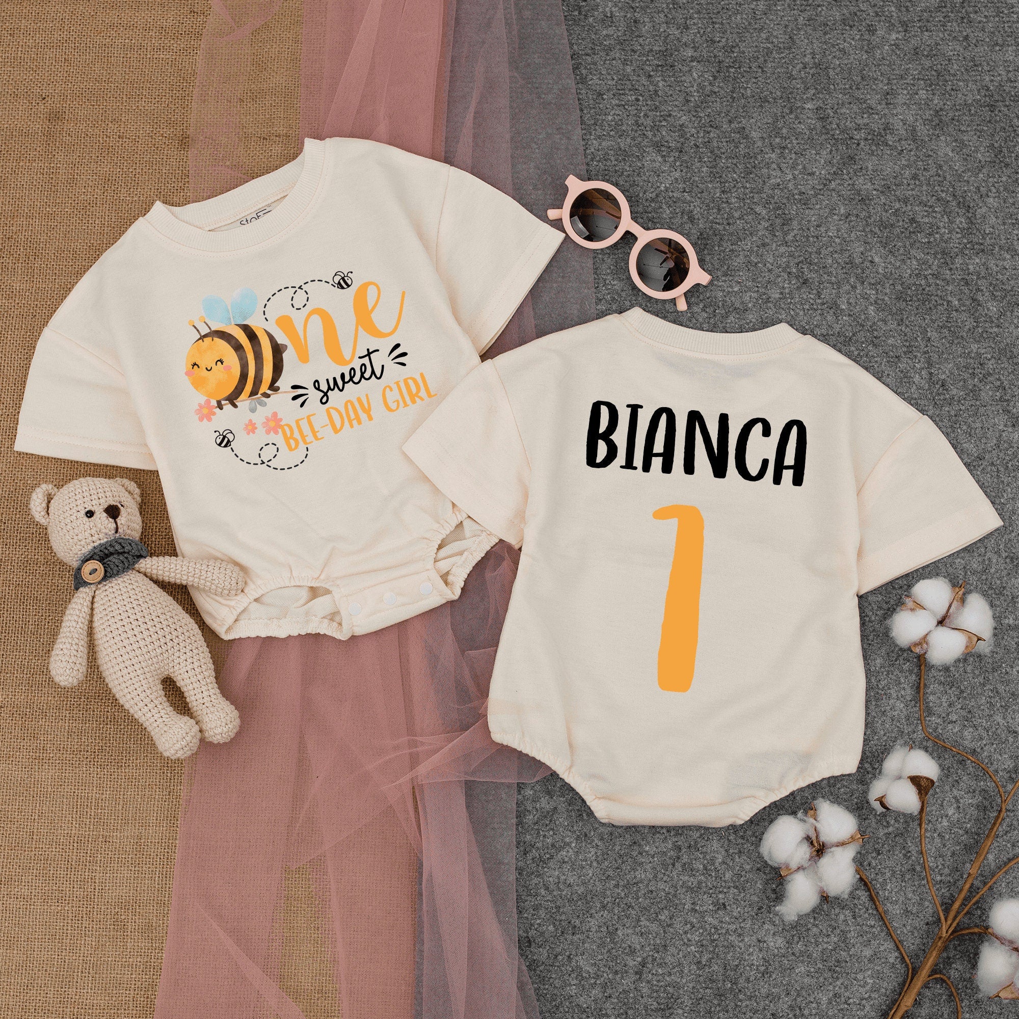 One Sweet Bee Day Girl Birthday Romper with Floral Design