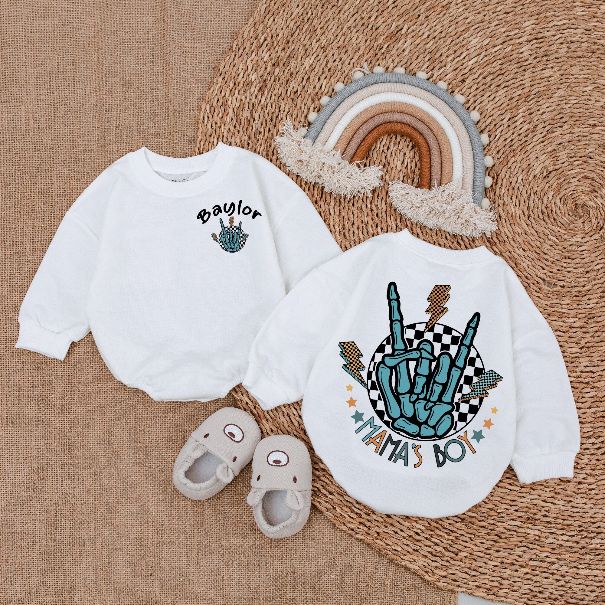 Mama's Boy Rock & Roll Baby Romper with Blue Skeletal Hand