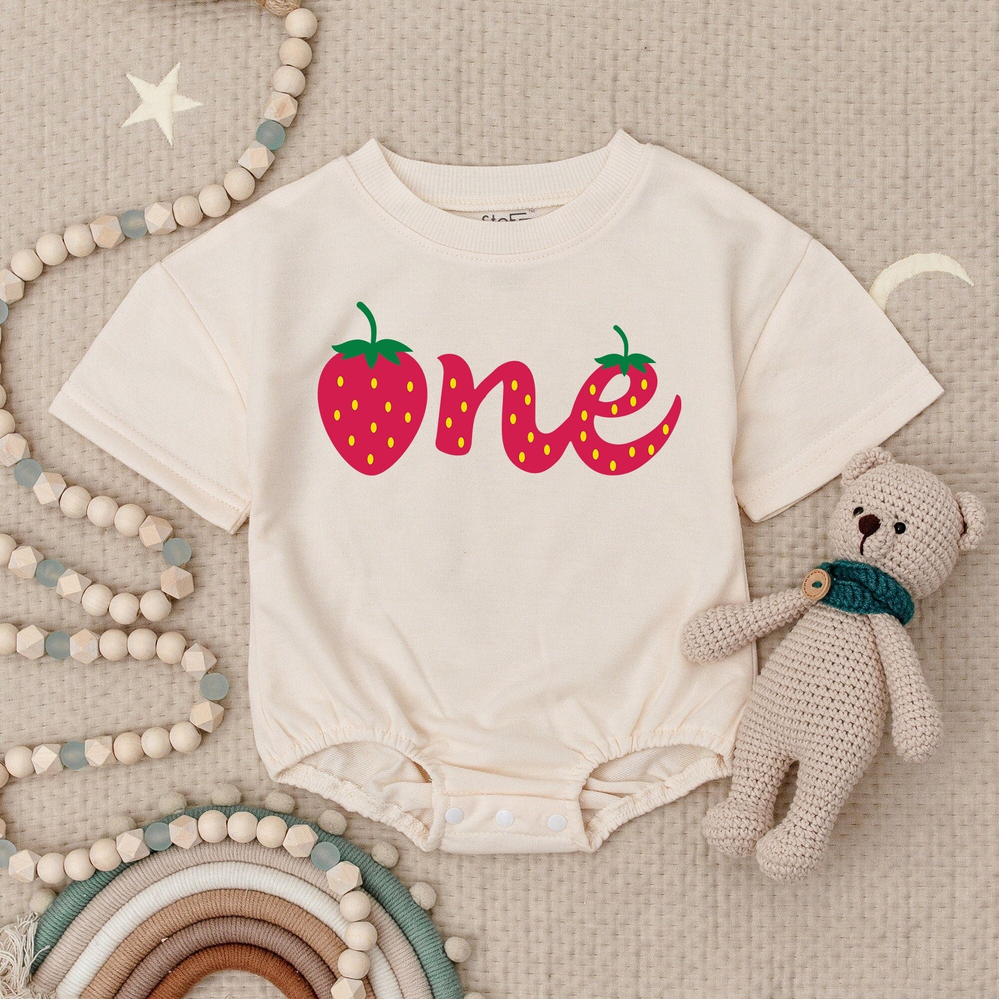 One Strawberry Cursive Baby Romper Playful First Birthday Outfit for Girl Toddler Party Wear Soft Cotton Short Sleeve Whimsical Design