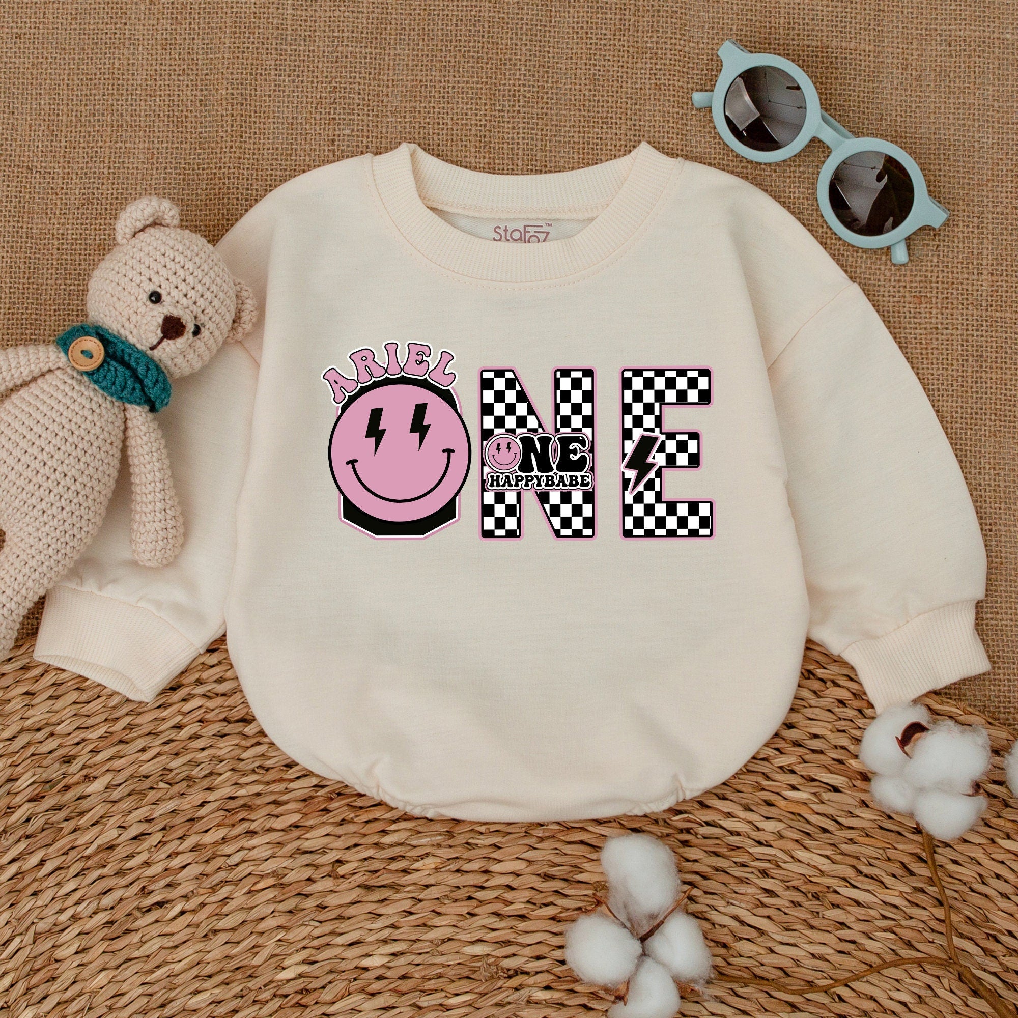 Personalized Ariel Smiley Face Birthday Romper for Baby Girls Fun Pop Art Design One Cool Dude Cake Smash Outfit Soft Cotton Gift