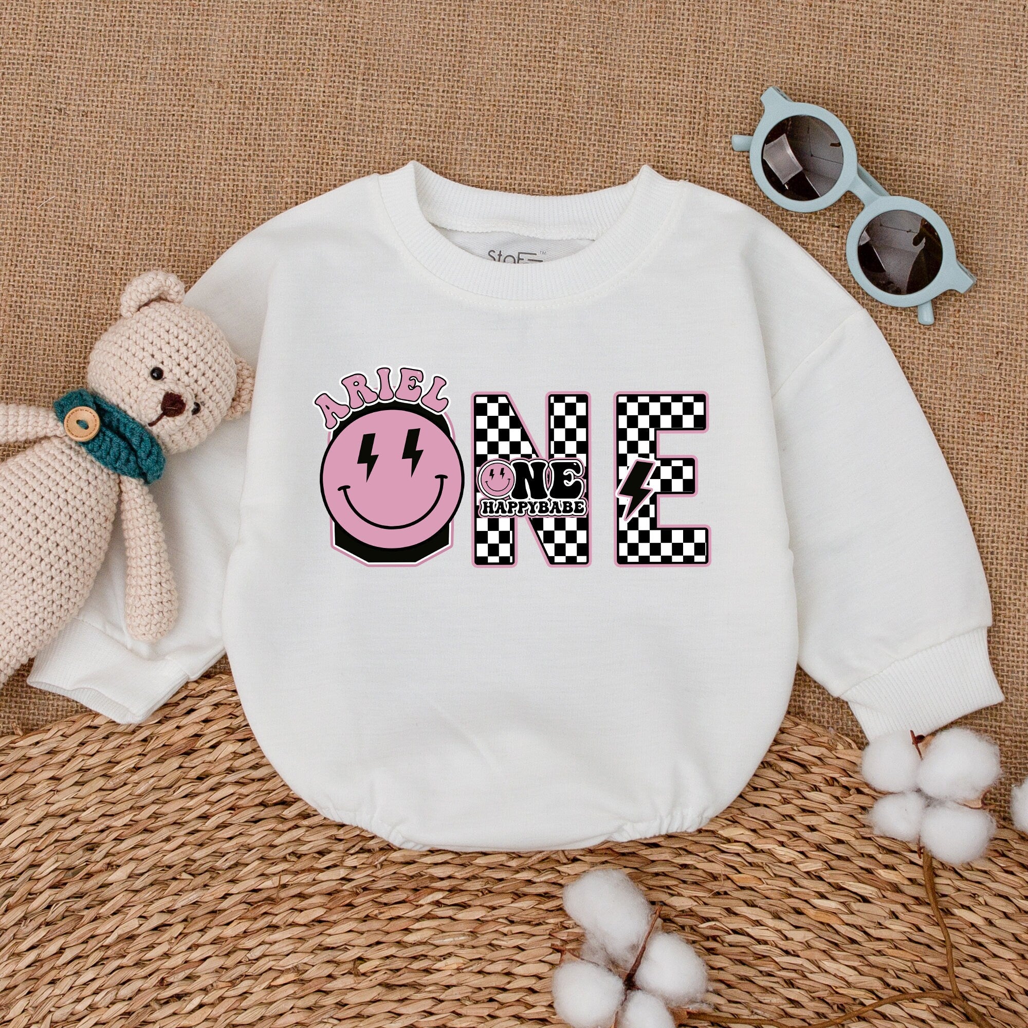 Personalized Ariel Smiley Face Birthday Romper for Baby Girls Fun Pop Art Design One Cool Dude Cake Smash Outfit Soft Cotton Gift