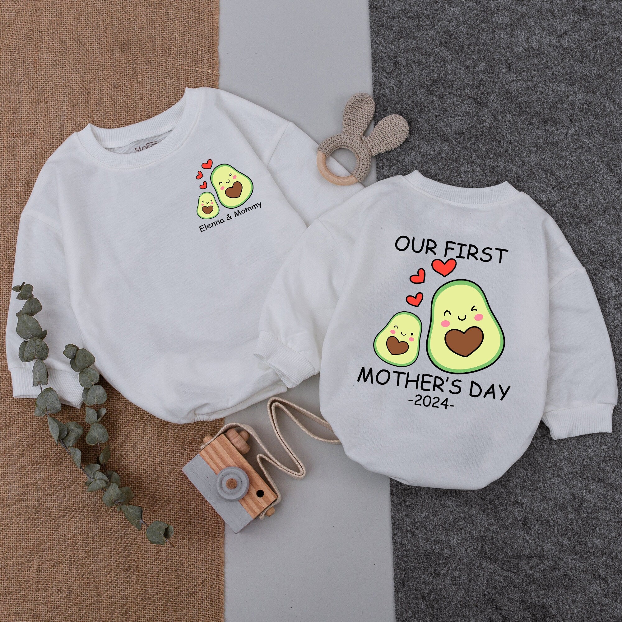 Personalized Our First Mother's Day Avocado Romper Gift Baby Bodysuit 2024 Heart Design Soft Cotton Sleeper Custom Name Infant Outfit