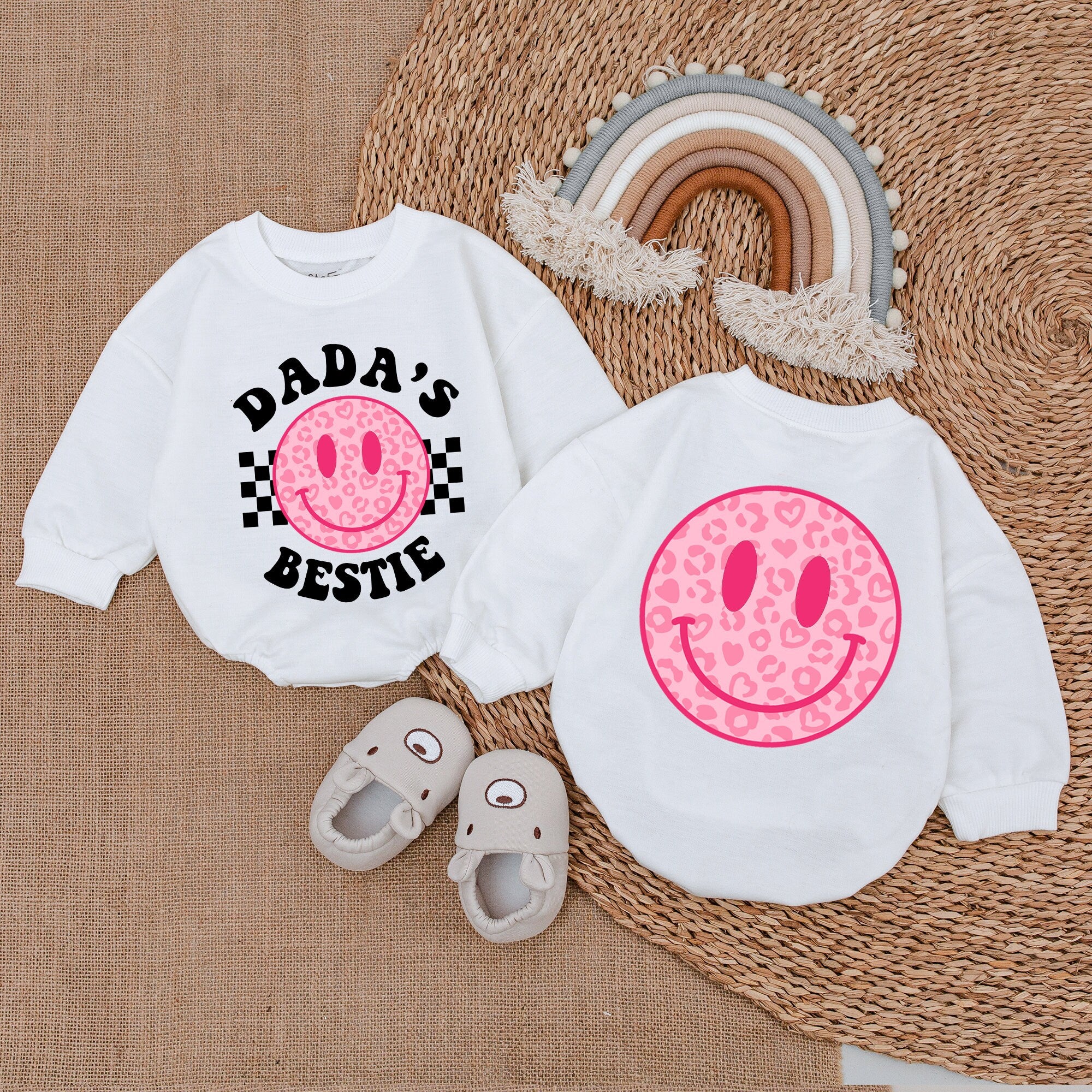 Dada's Bestie Baby Girl Romper Leopard Smiley Face Checkered Fun Outfit Soft Cotton Gift for Daddy's Girl Playful Trendy Design