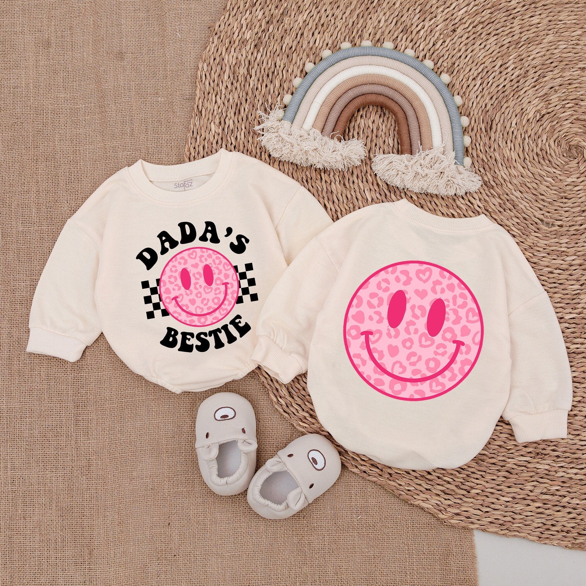 Dada's Bestie Baby Girl Romper Leopard Smiley Face Checkered Fun Outfit Soft Cotton Gift for Daddy's Girl Playful Trendy Design