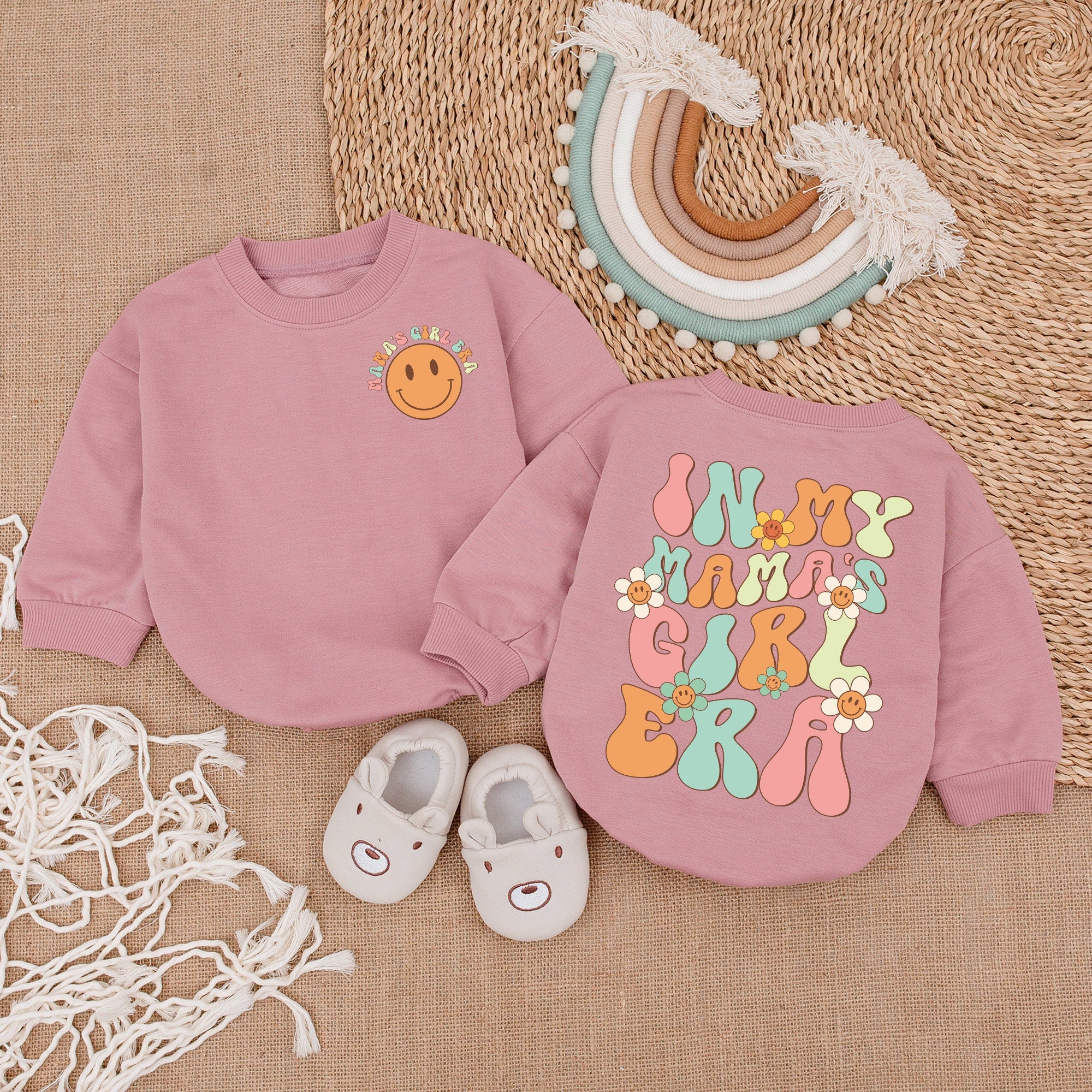 In My Mama's Girl Era Romper Pastel Flowers Baby Outfit for Girls Retro 70s Design Mommy Me Gift Comfortable Cotton Smiley Face