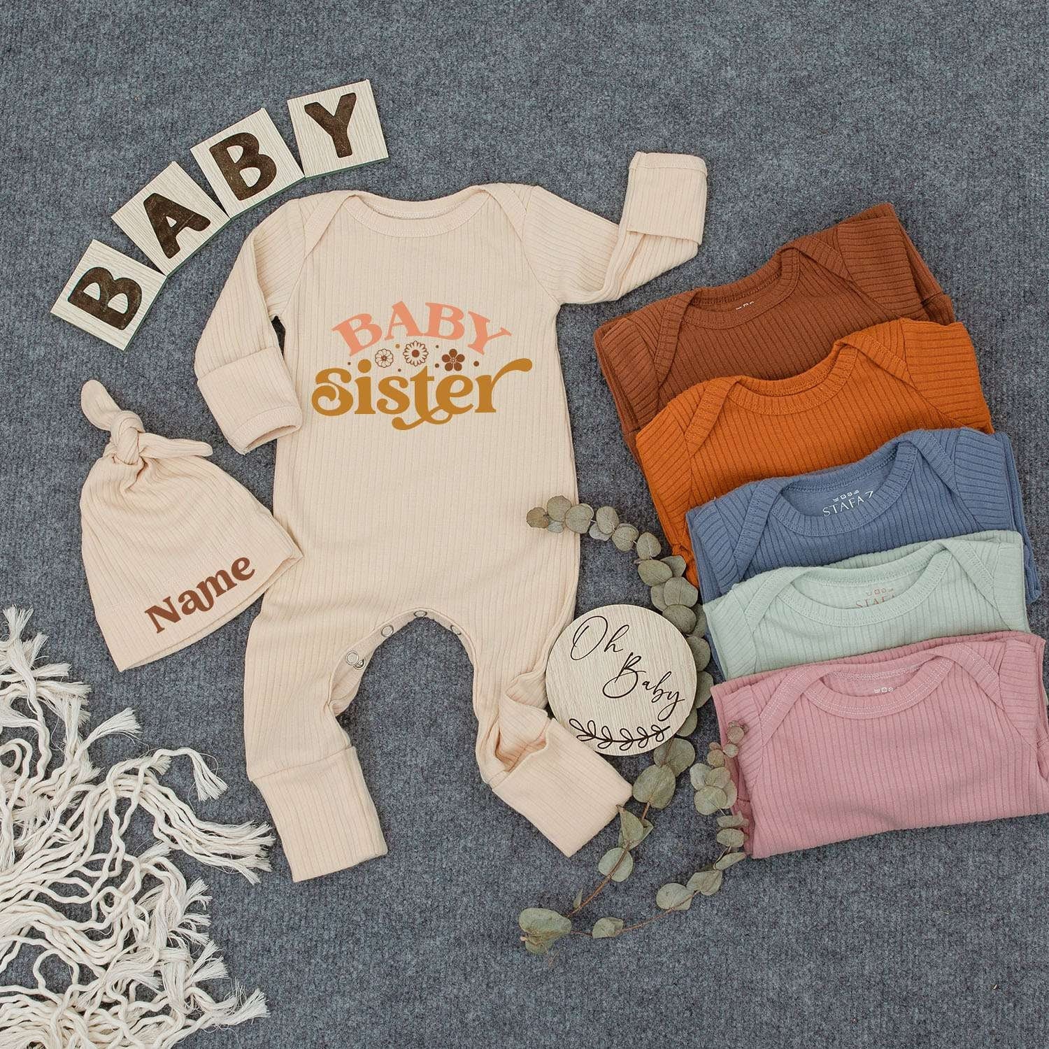 Personalized Baby Sister Outfit Soft Pink Mustard Romper Newborn Hat Set Stars Dots Design Custom Name Gift Cute Girl New Mom Present