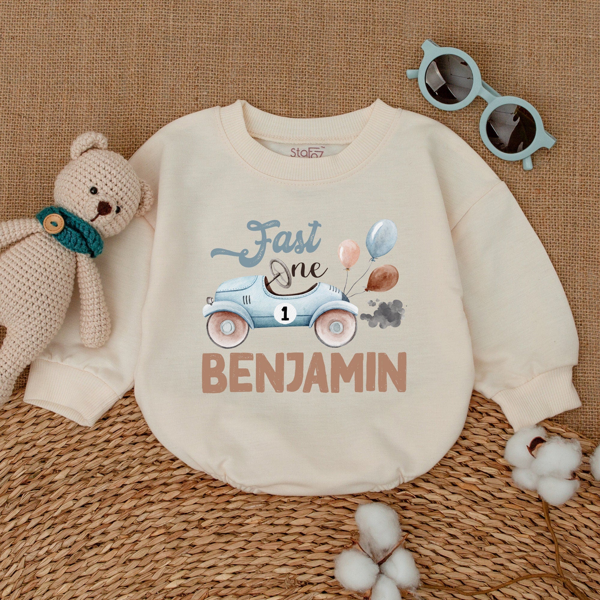 Custom Race Car Birthday Romper with Name, Fast One Bodysuit