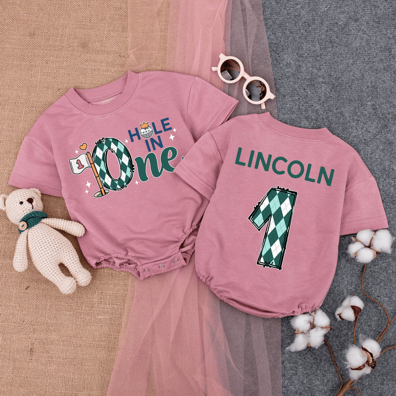 Hole in One Baby Romper with Argyle Golf Print, Personalized First Birthday Outfit, Soft Cotton Short-Sleeve Bodysuit for Baby Boys