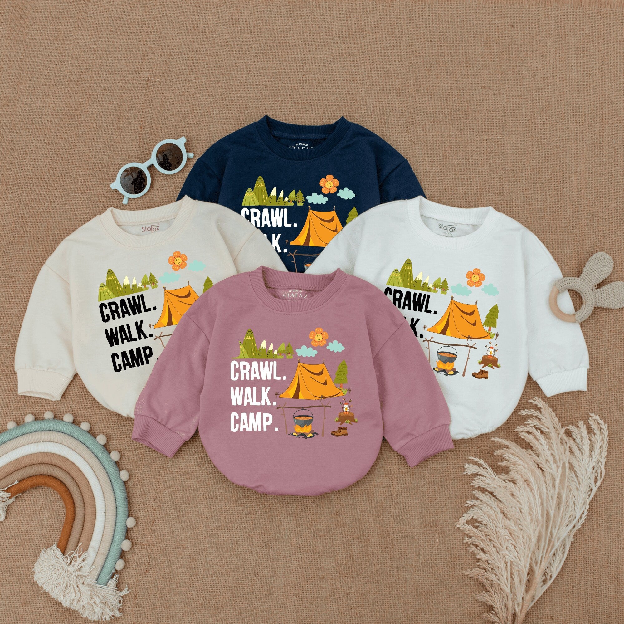 Crawl Walk Camp Baby Romper with Orange Tent and Campfire Design for Infant Adventure Comfort Soft Cotton Outfit for Holiday Fun