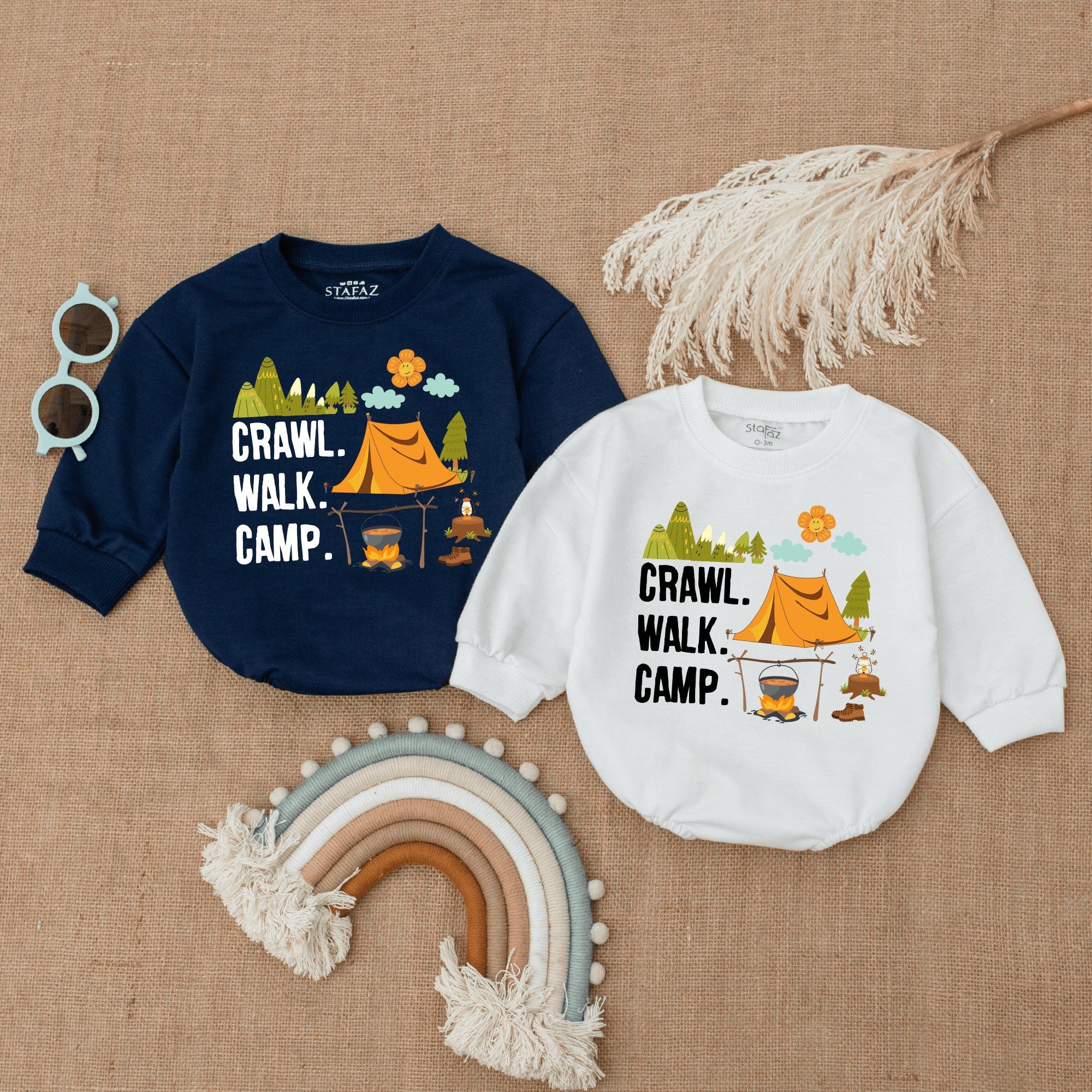 Crawl Walk Camp Baby Romper with Orange Tent and Campfire Design for Infant Adventure Comfort Soft Cotton Outfit for Holiday Fun
