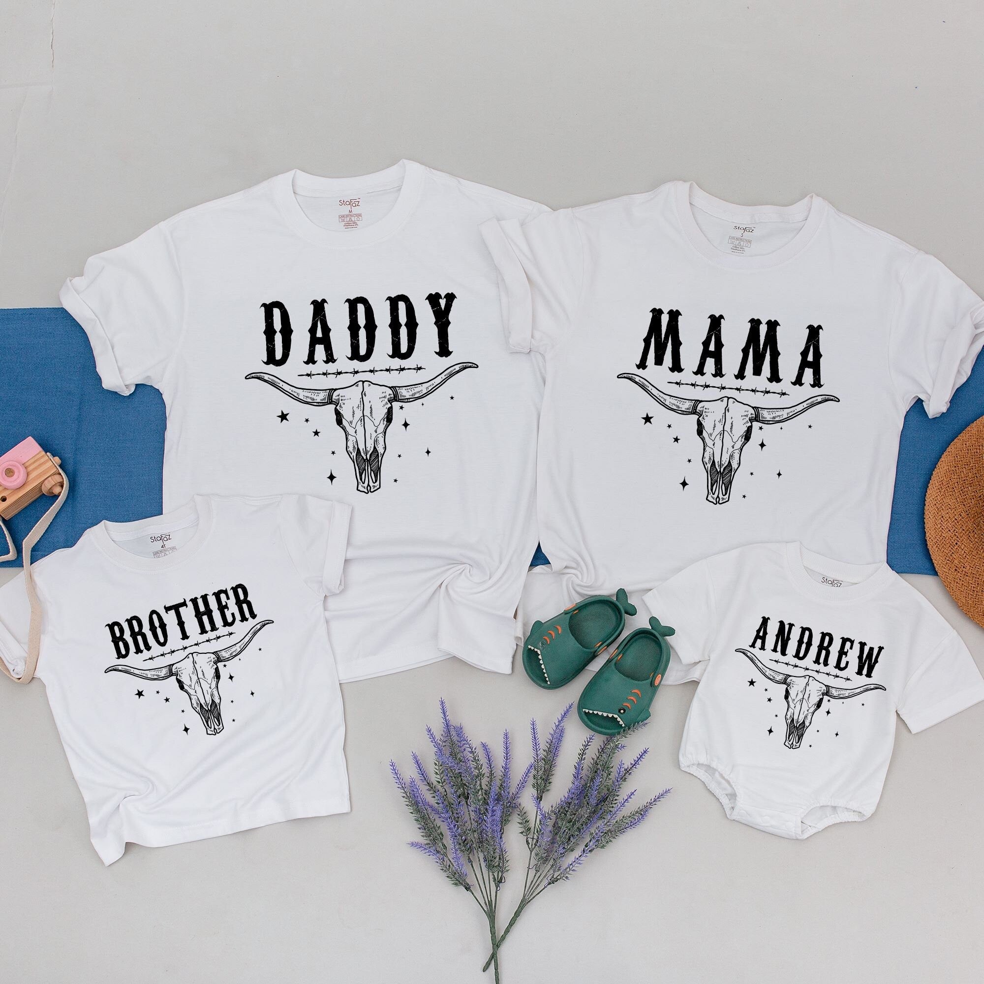 First Rodeo Family Birthday Shirts Custom Name Longhorn Skull Western Theme Baby Boy Girl Mama Daddy Tee Personalized Gift