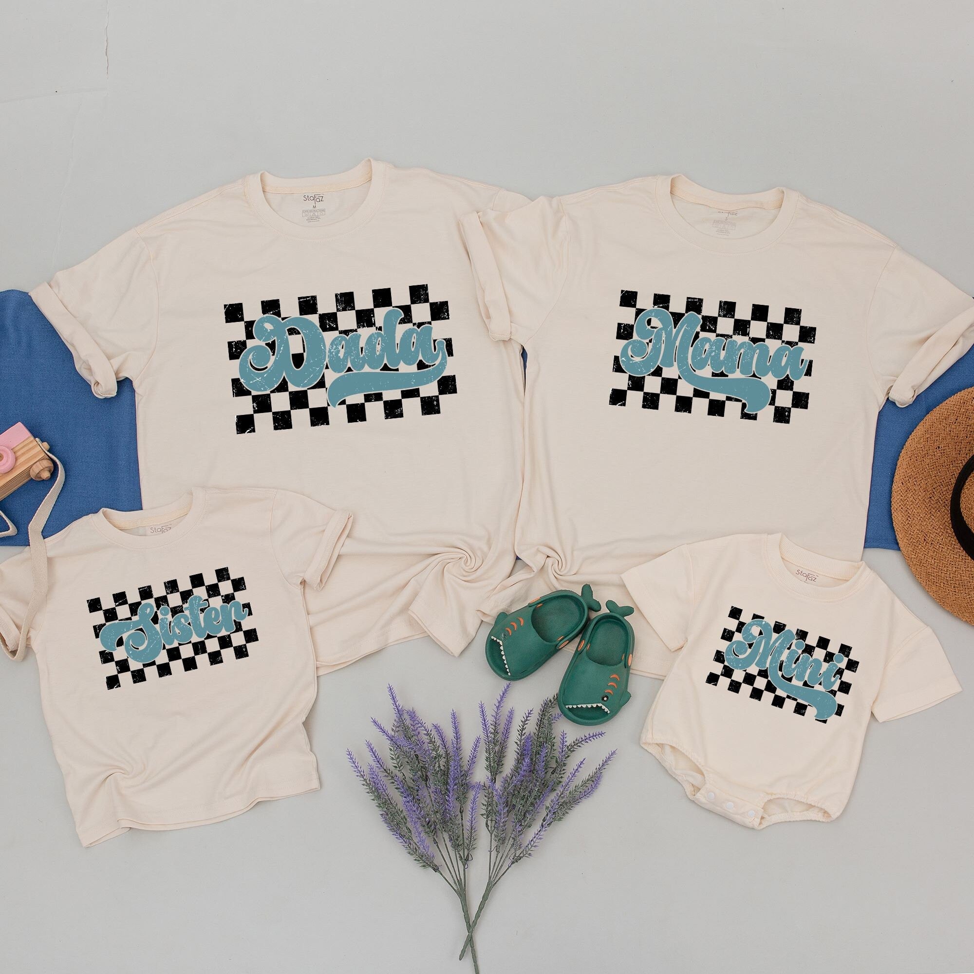Retro Checkered Family Matching Shirt Personalized Custom Names Vintage Black White Design Cozy Cotton Tee for Mom Dad Mini
