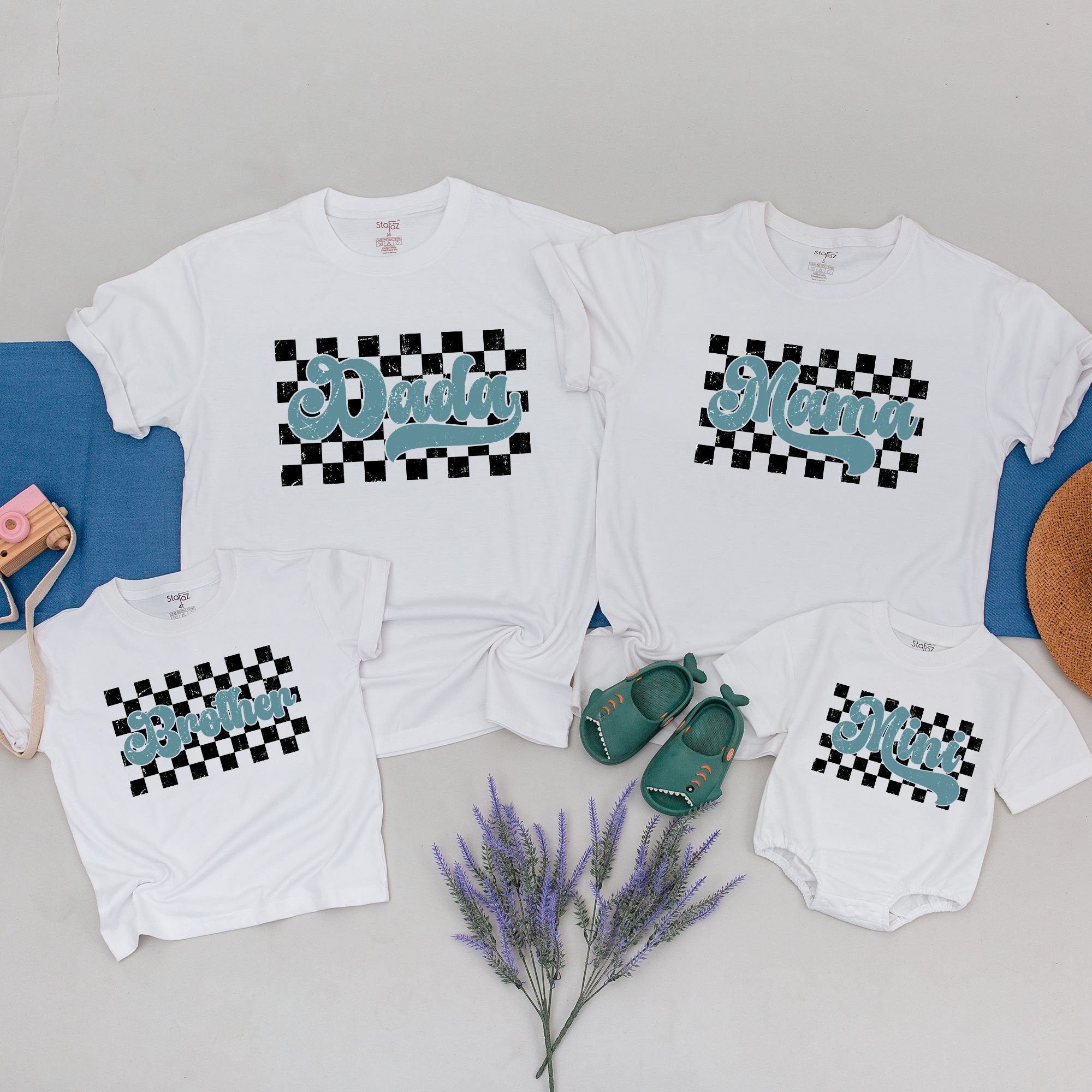 Retro Checkered Family Matching Shirt Personalized Custom Names Vintage Black White Design Cozy Cotton Tee for Mom Dad Mini