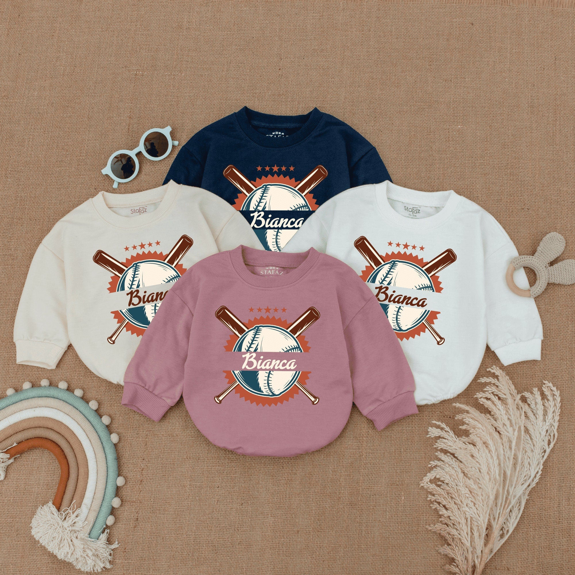 Personalized Bianca Baseball Baby Romper Retro Sporty Outfit Infant Bodysuit Vintage Style Brown Blue White Cotton Comfortable Birthday Gift
