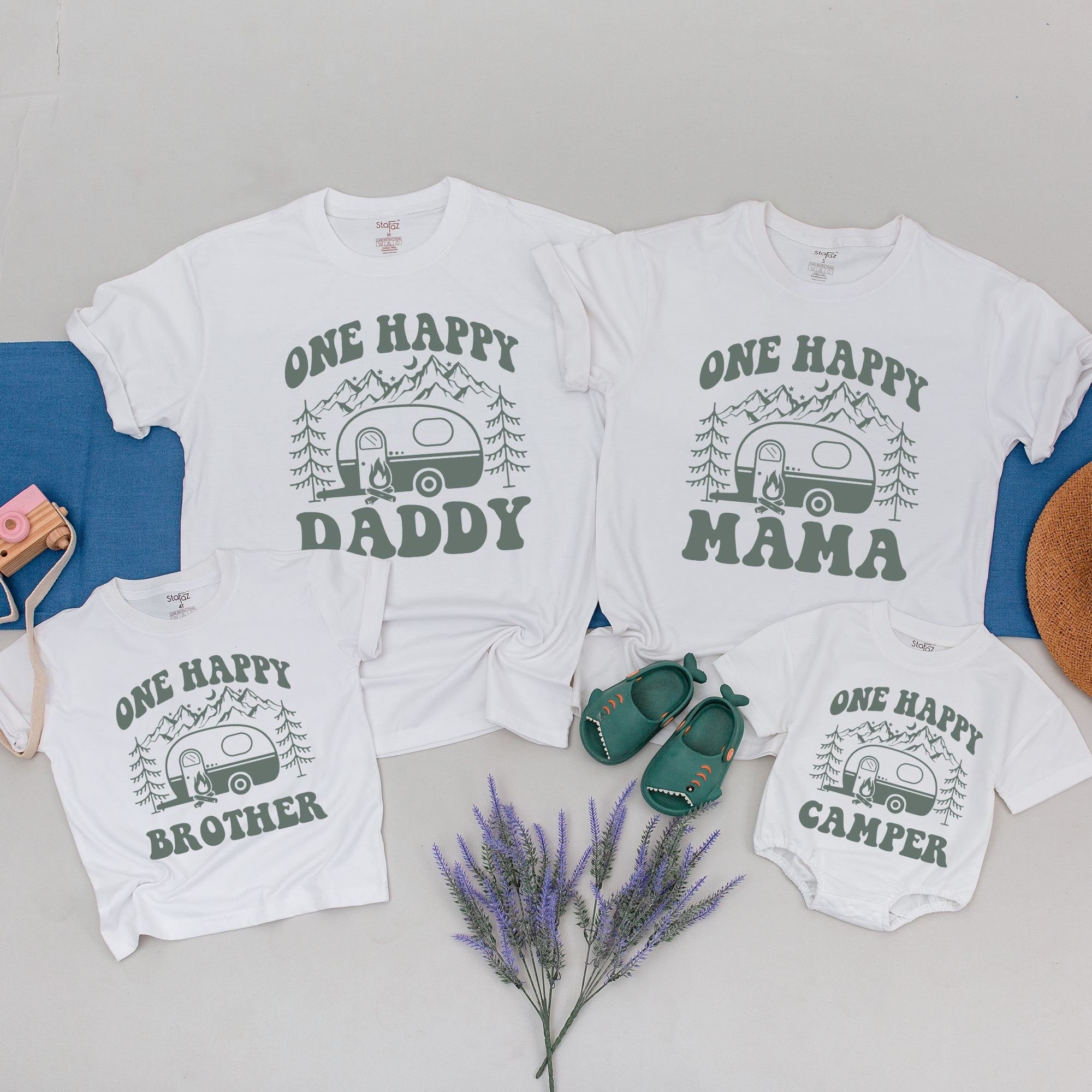 One Happy Retro Camper Family Tees Personalized Camping Birthday Shirt for Baby Toddler Mommy Daddy Soft Cotton Coordinating Outfits