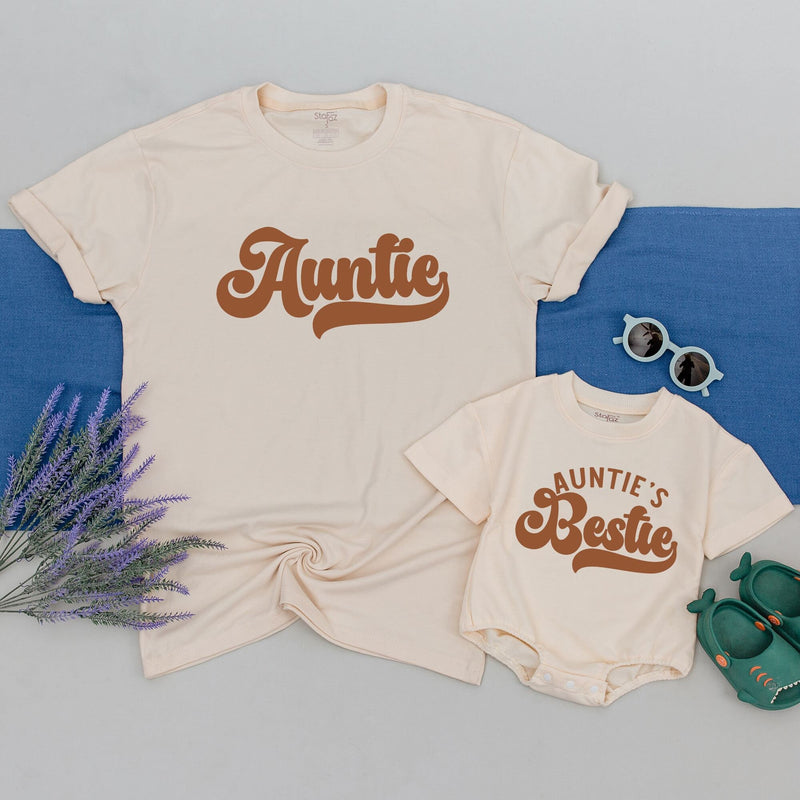 Personalized Auntie and Bestie Shirt Set Retro Style Matching Family Outfit Soft Cotton Gift for Niece Nephew Birthday or Casual Wear