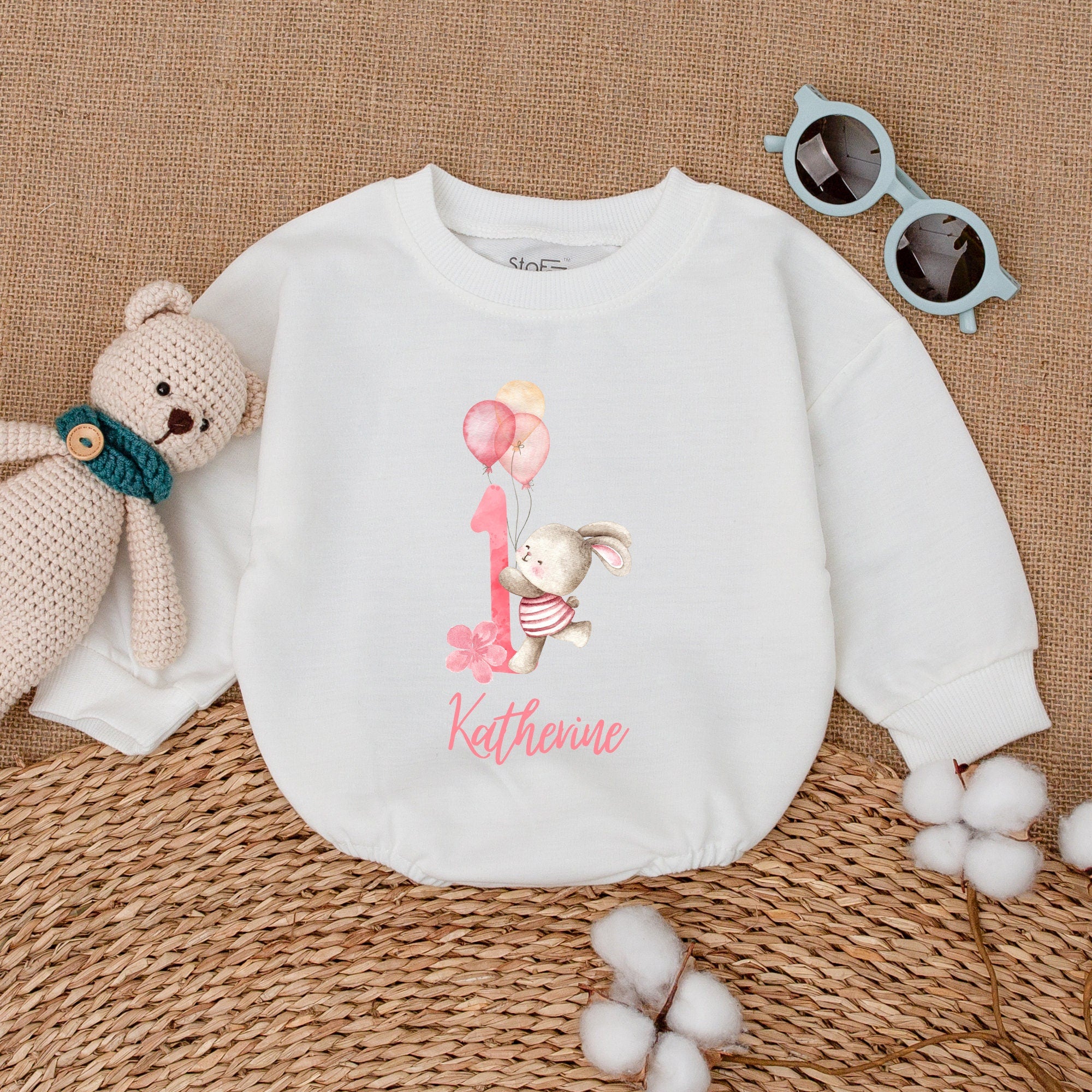 Custom Bunny Birthday Romper for Girls with Personal Name