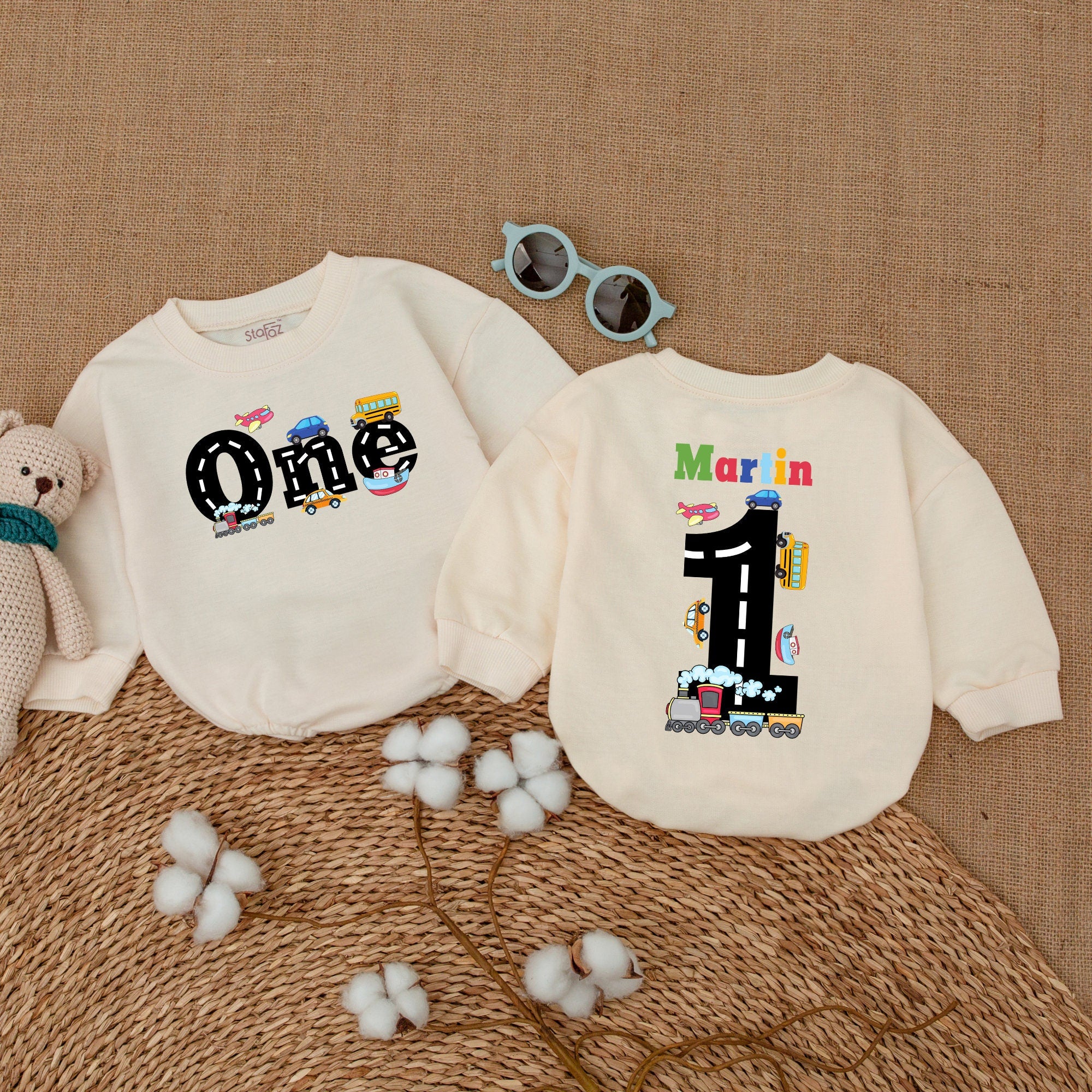 Personalized First Birthday Romper with Playful Transportation Design Baby Infant Cake Smash Outfit Cotton Comfortable Custom Name