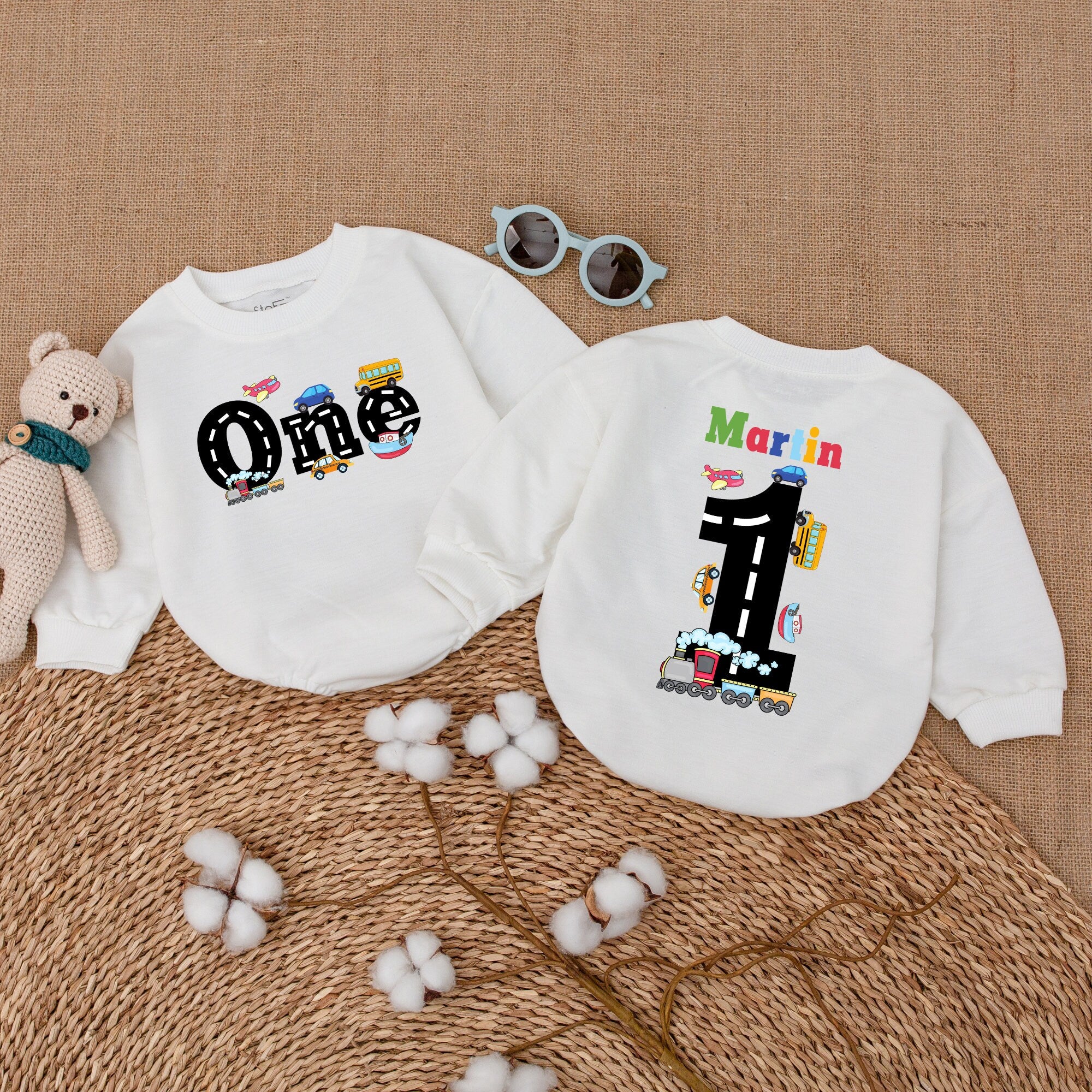 Personalized First Birthday Romper with Playful Transportation Design Baby Infant Cake Smash Outfit Cotton Comfortable Custom Name