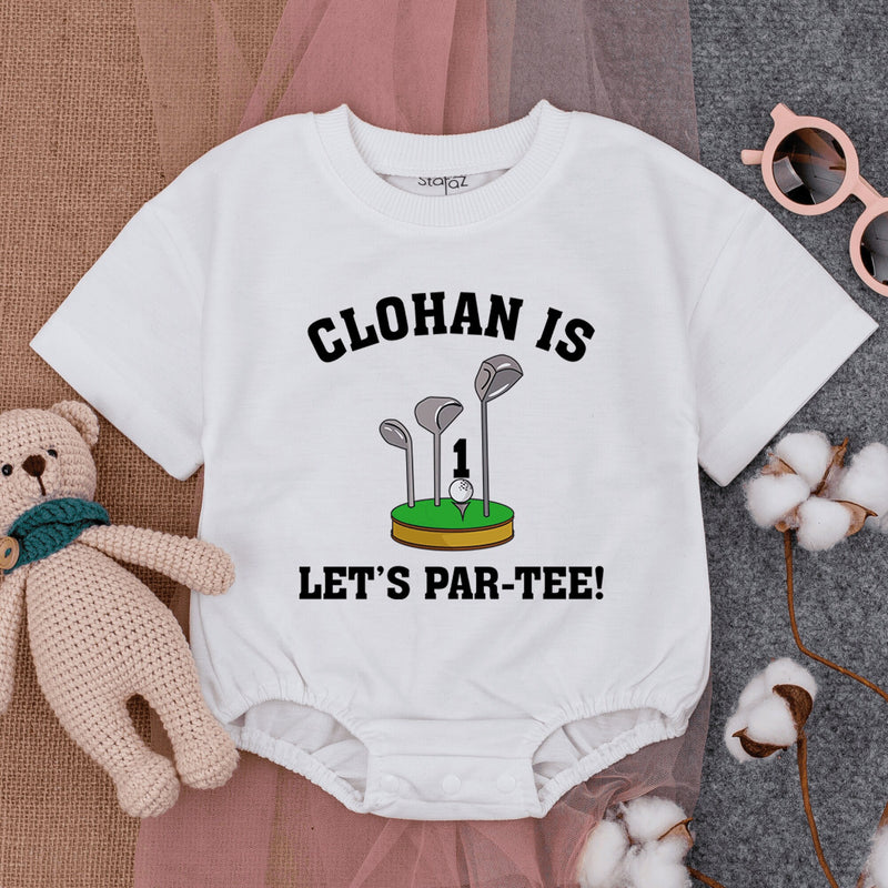 Let's Par-Tee Golf Theme Bubble Romper Infant Birthday Outfit Soft Cotton Fun Green Black Design First Birthday Celebration