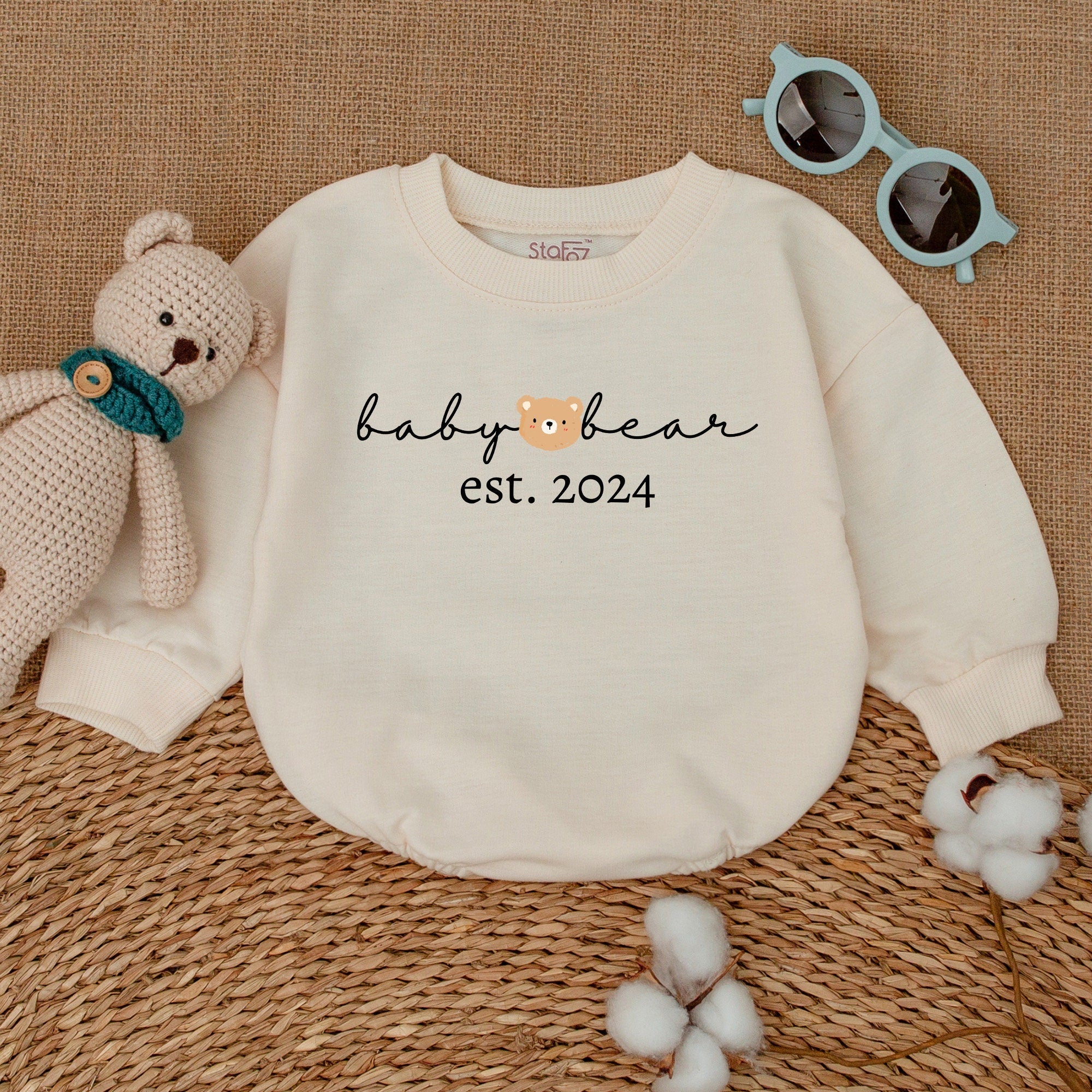Baby Bear EST 2024 Romper with Cute Bear Face Soft Cotton Gender Neutral Baby Bodysuit Perfect Newborn Gift for Birthdays or Baby Showers