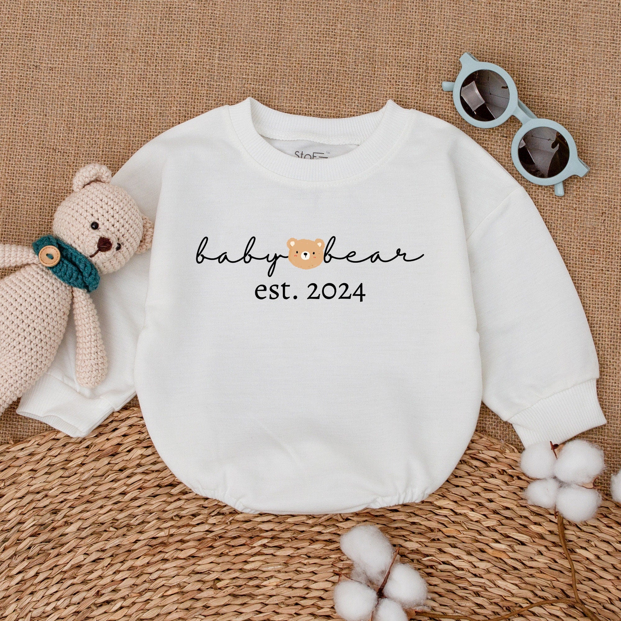 Baby Bear EST 2024 Romper with Cute Bear Face Soft Cotton Gender Neutral Baby Bodysuit Perfect Newborn Gift for Birthdays or Baby Showers
