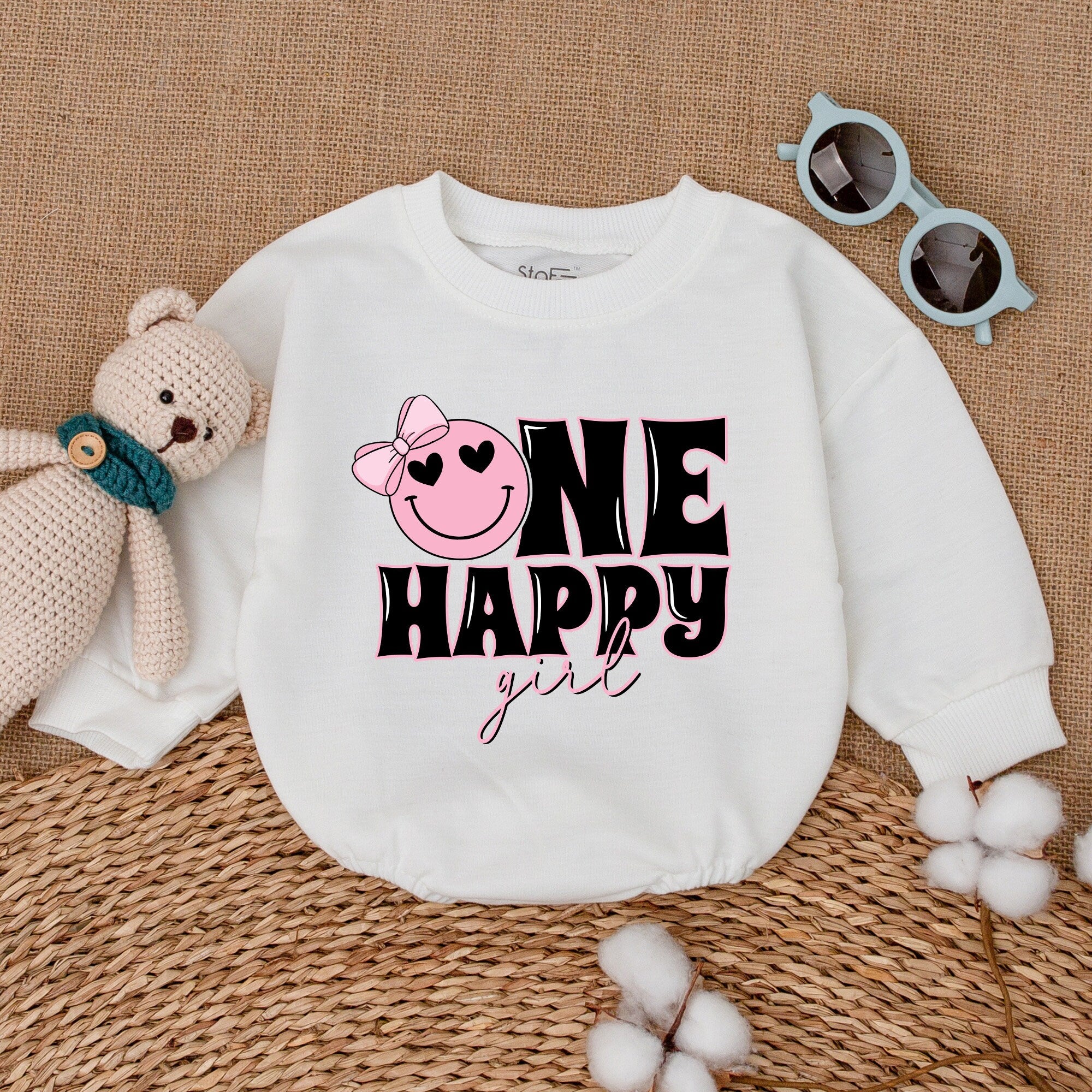 One Happy Girl Romper with Smiley Face Bow Birthday Outfit