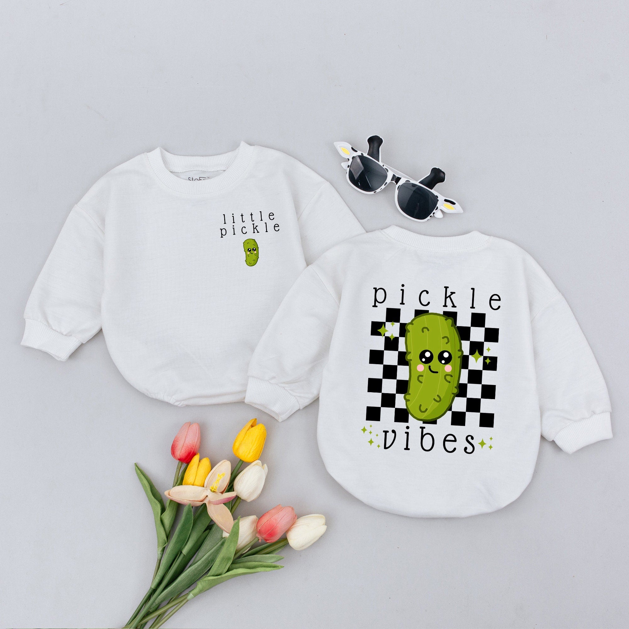 Little Pickle Baby Romper with Checkered Pattern Cute Green Character Bodysuit Fun Pickle Vibes Vegan Gift for Infant Toddler Boys Girls