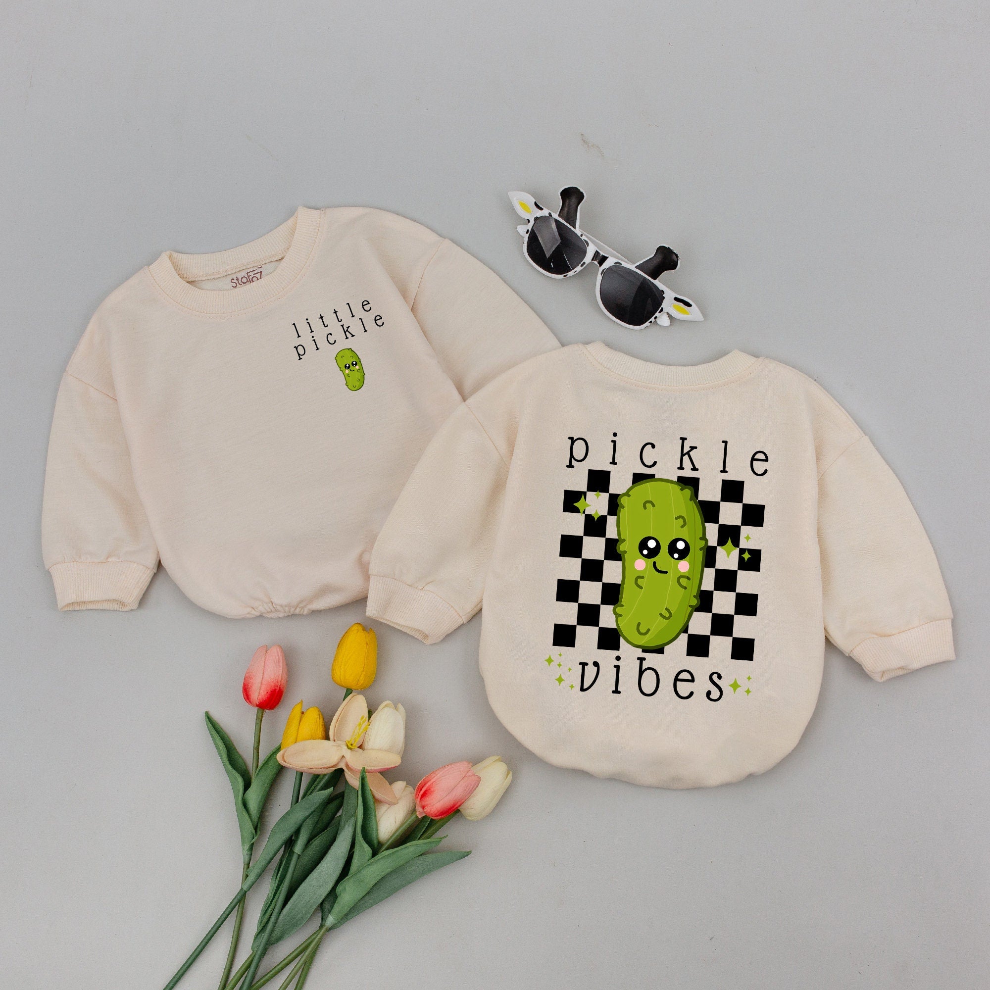 Little Pickle Baby Romper with Checkered Pattern Cute Green Character Bodysuit Fun Pickle Vibes Vegan Gift for Infant Toddler Boys Girls