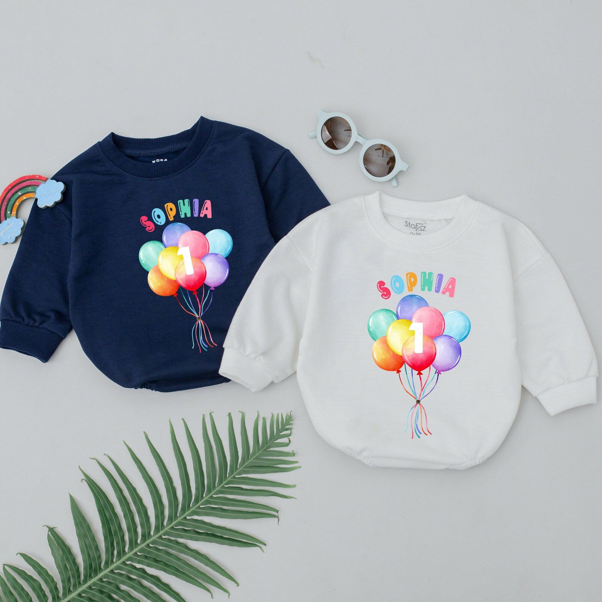 Personalized Sophia Balloon Romper for Baby's First Birthday Colorful Celebration Outfit Comfortable Cotton Bodysuit Gift Idea