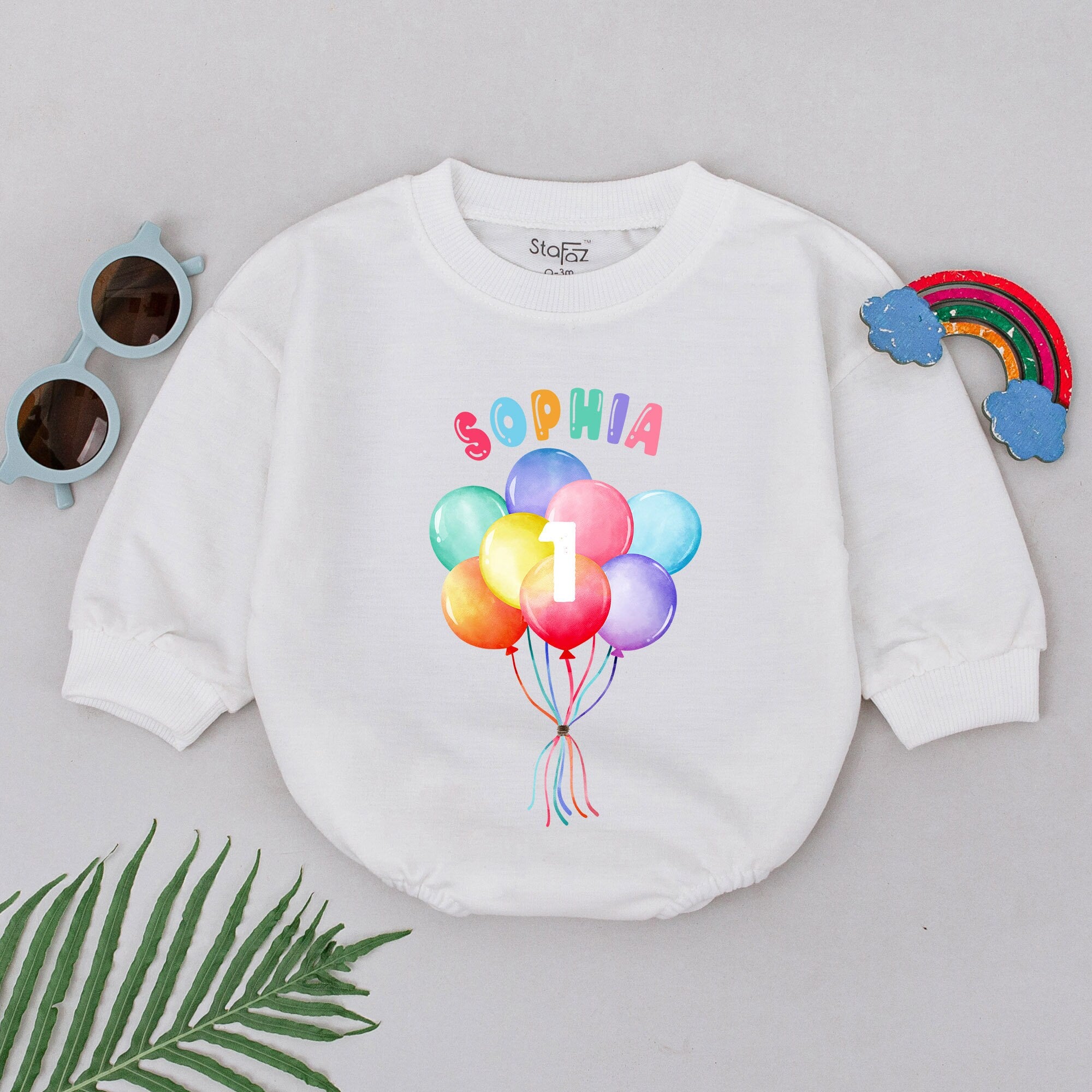 Personalized Sophia Balloon Romper for Baby's First Birthday Colorful Celebration Outfit Comfortable Cotton Bodysuit Gift Idea