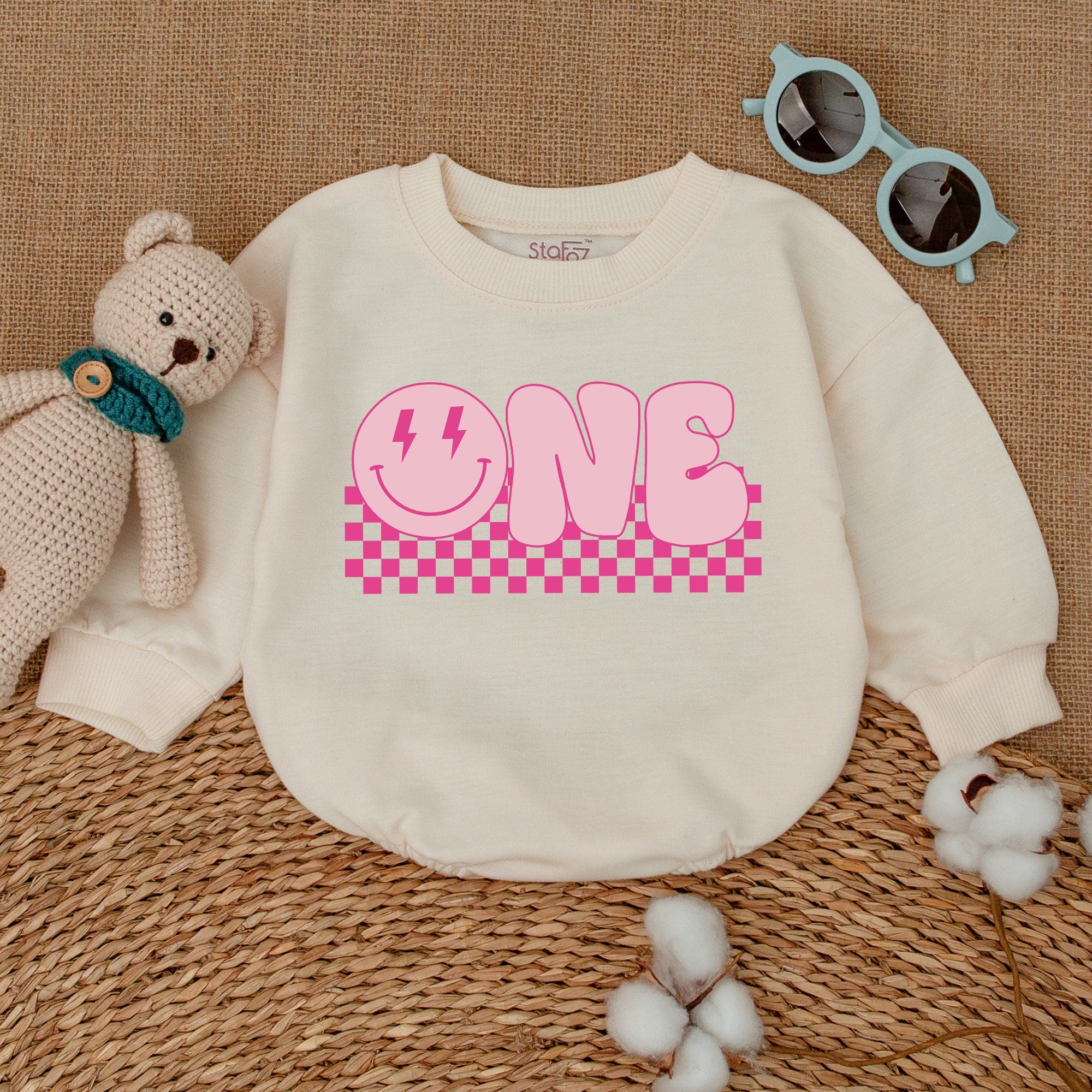 One Happy Babe 1st Birthday Romper with Smiley Face Pink Checkered Design for Baby Girl Cake Smash Outfit Soft Cotton Party Clothes