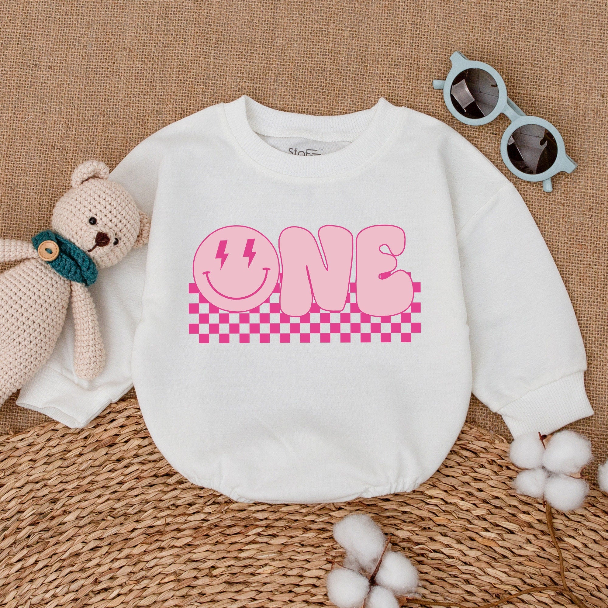 One Happy Babe 1st Birthday Romper with Smiley Face Pink Checkered Design for Baby Girl Cake Smash Outfit Soft Cotton Party Clothes