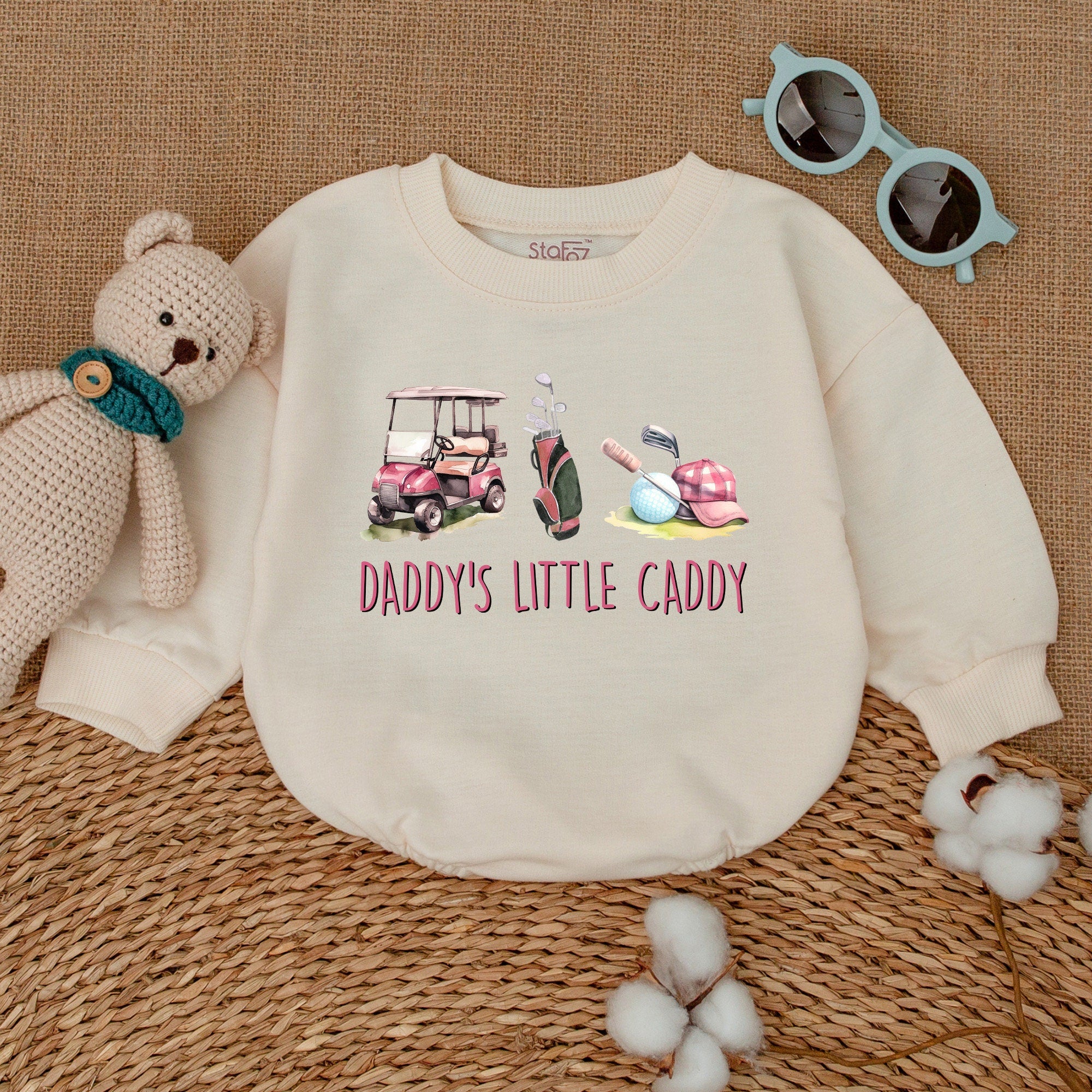 Daddy's Little Caddy Romper Pink Golf Cart Baby Bodysuit Cute Father's Day Outfit Girl Newborn Gift Fun Pastel Summer Clothes