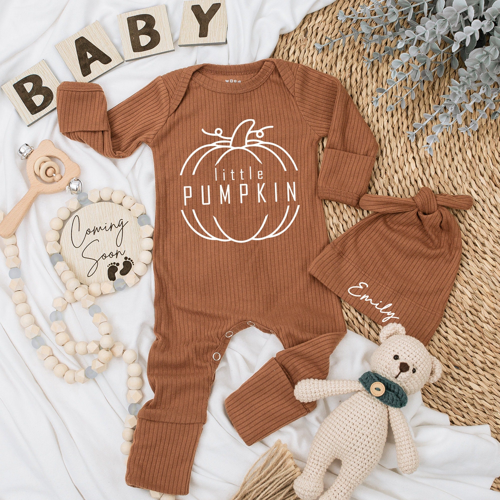Little Pumpkin Newborn Set with Bodysuit & Hat, Fall Baby Gift
