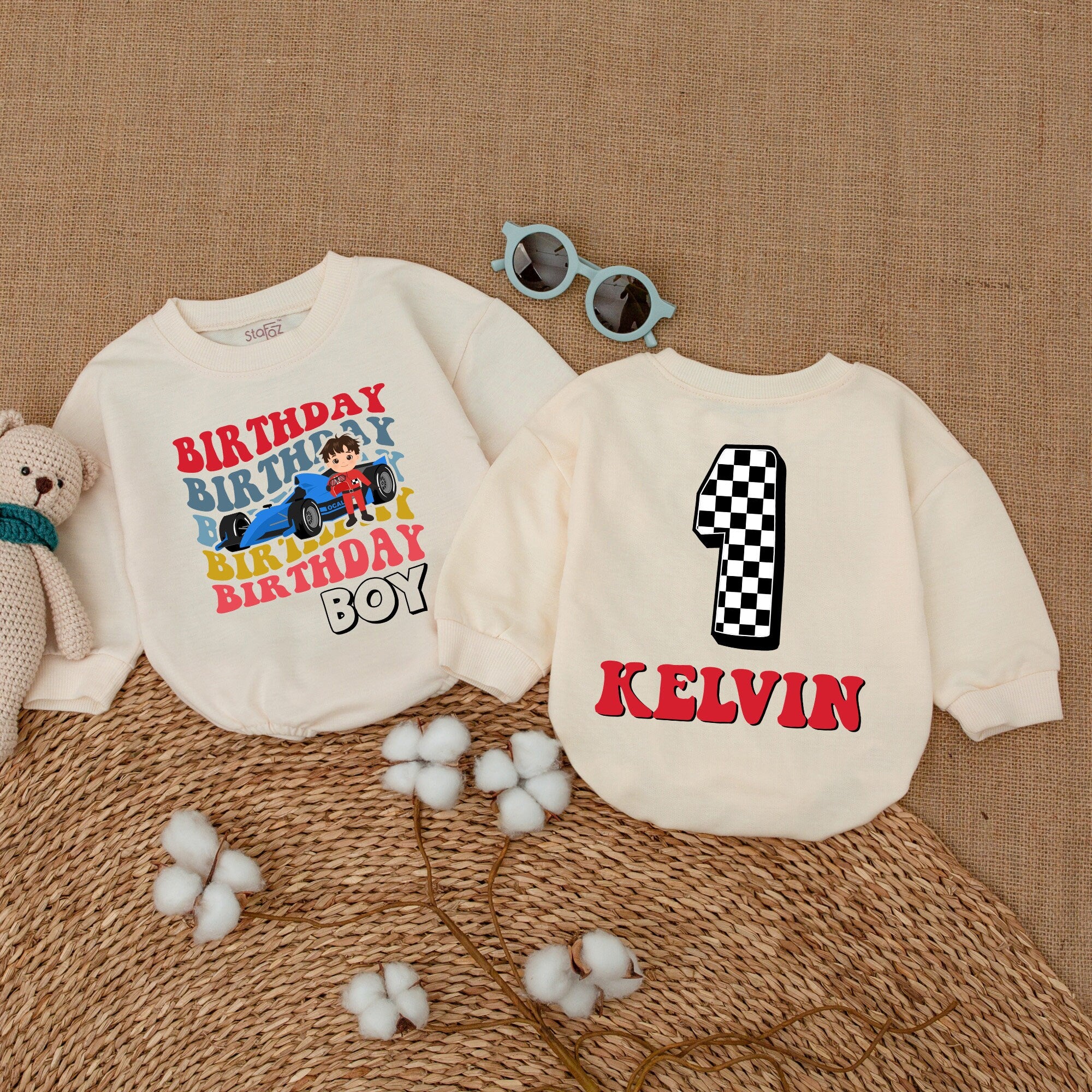 Personalized Birthday Boy Race Car Romper First Birthday Outfit Baby Fun Cake Smash 1st Party Romper with Name Custom Kelvin Design