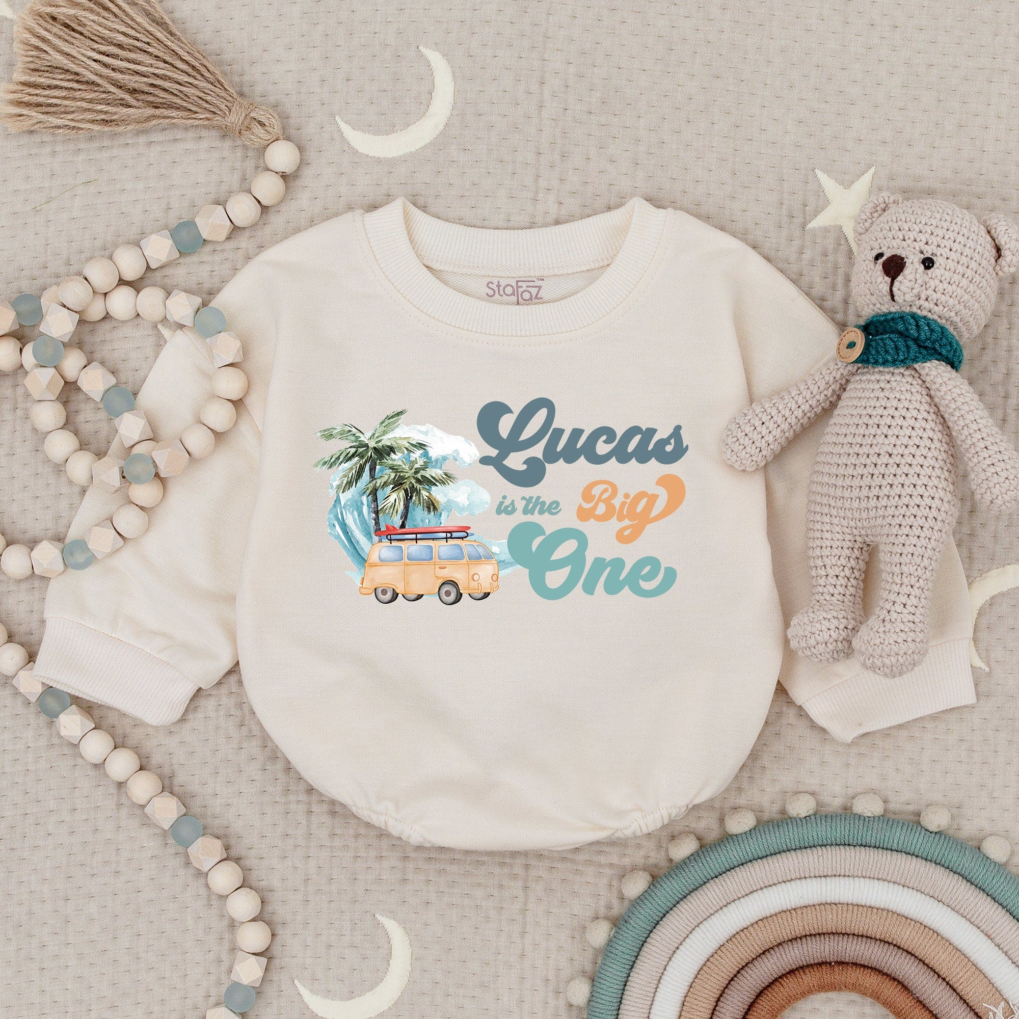 Surf-Themed 1st Birthday Romper with Custom Name