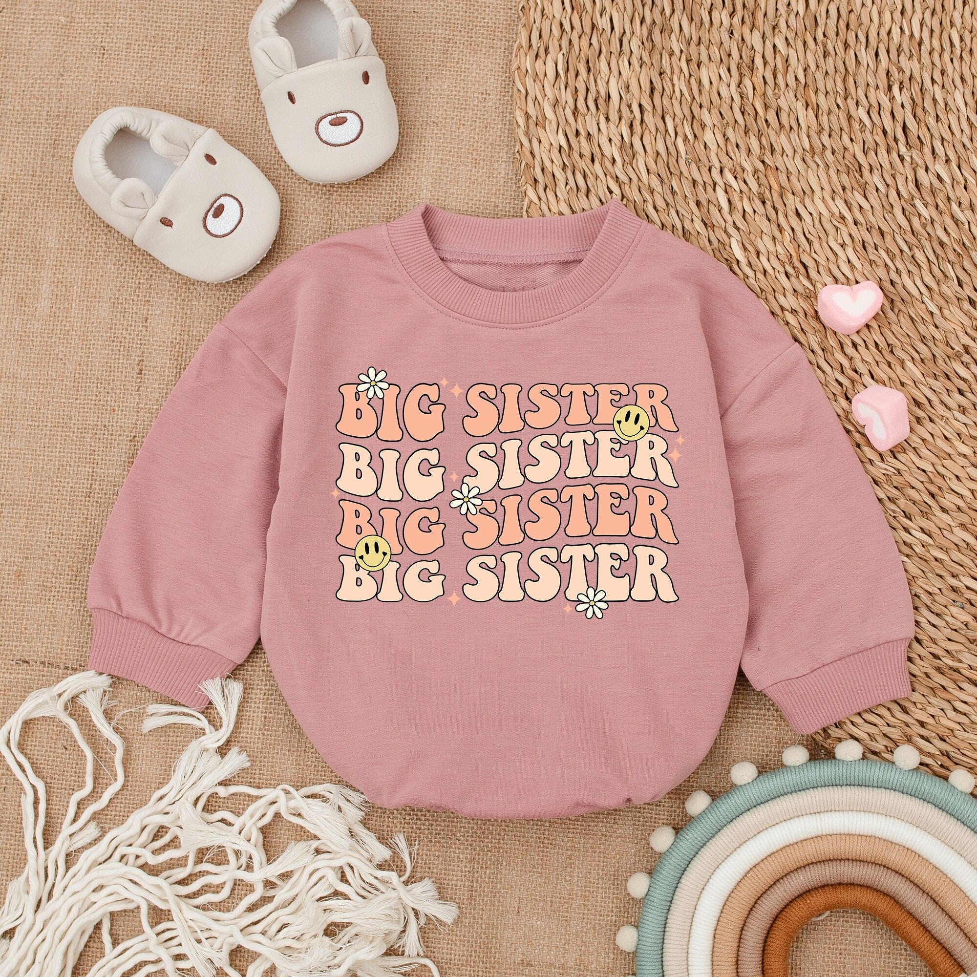 Big Sister Baby Romper Peach Cream Daisy Design Cute Newborn Outfit Smiley Face Retro Style Toddler Girl Gift Soft Cotton Comfort Wear