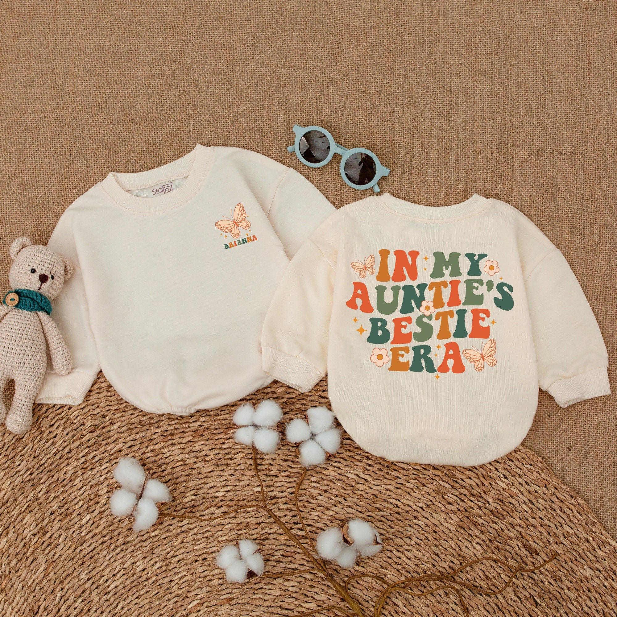 Custom In My Auntie's Bestie Baby Romper with Butterflies, Soft Cotton Newborn Outfit, Playful Orange and Green Text Design, Perfect Gift for Aunt's Little Buddy, Infant Toddler Clothes for Birthday Holiday or Casual Wear